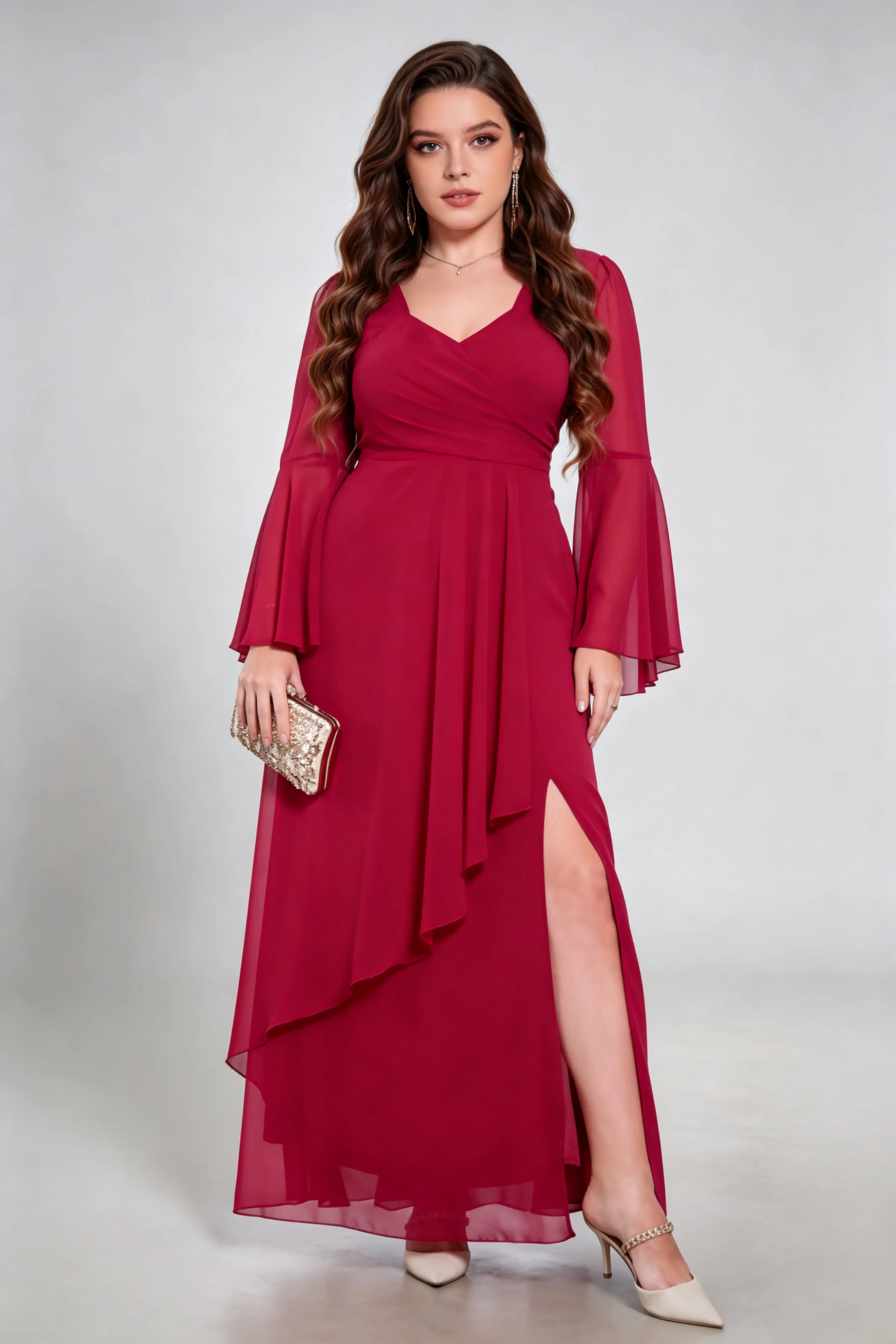 Plus Size Burgundy Chiffon Wrap Maxi Dress with Bell Sleeves and High Slit - Elegant Evening Gown