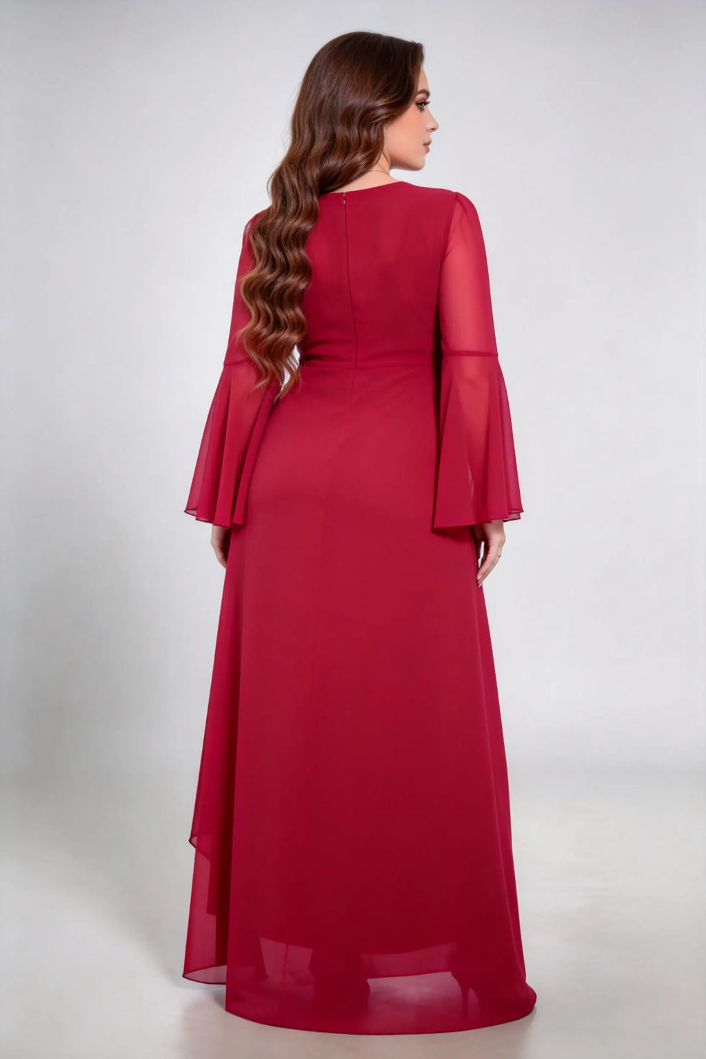 Plus Size Burgundy Chiffon Wrap Maxi Dress with Bell Sleeves and High Slit - Elegant Evening Gown