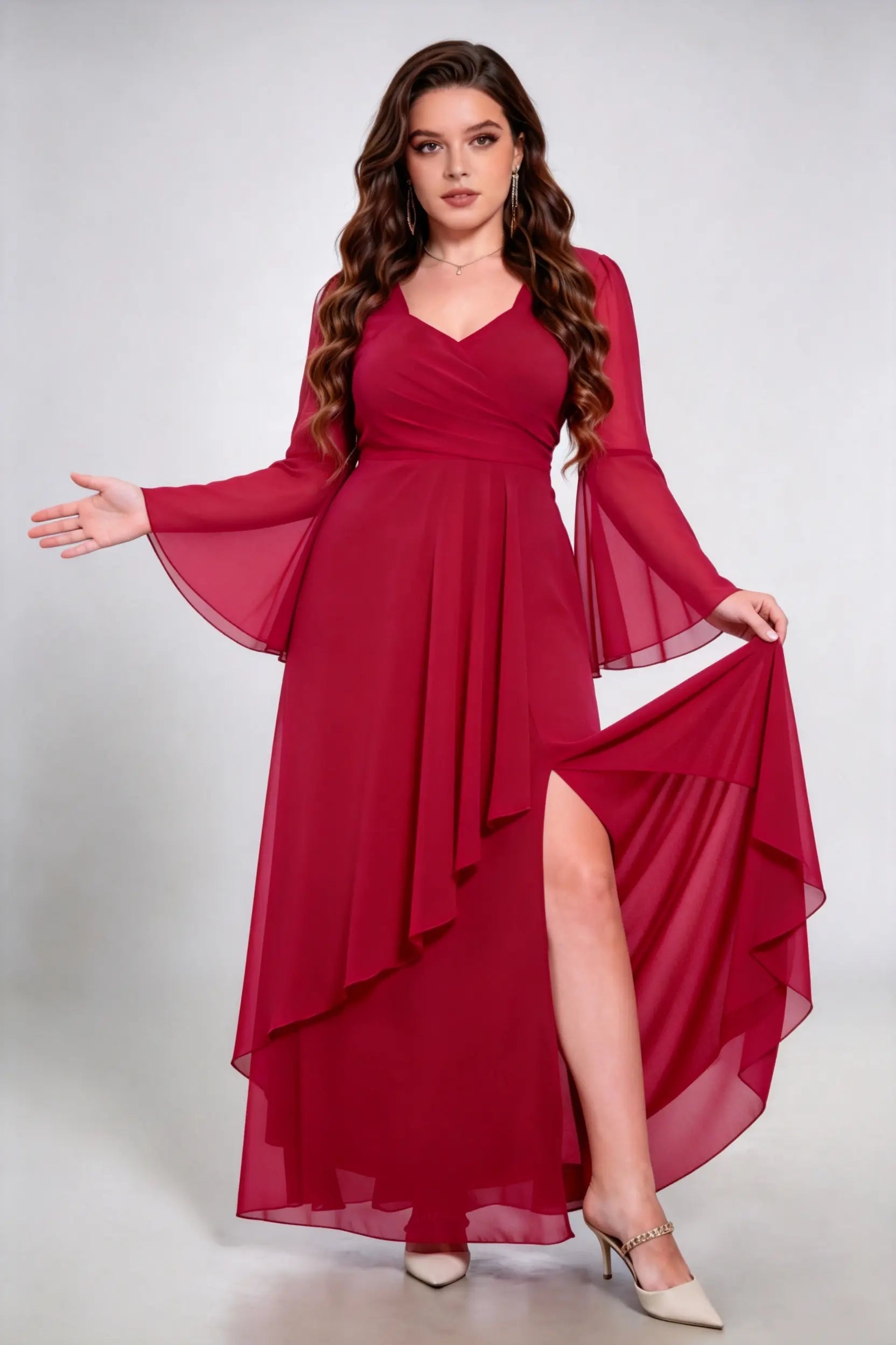 Plus Size Burgundy Chiffon Wrap Maxi Dress with Bell Sleeves and High Slit - Elegant Evening Gown