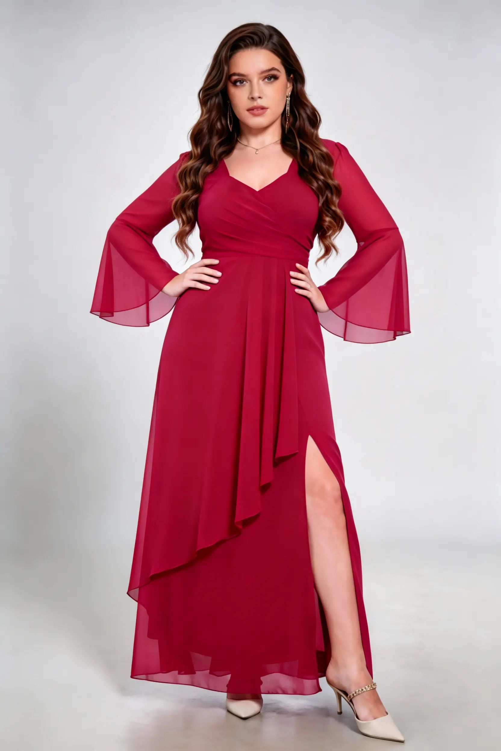 Plus Size Burgundy Chiffon Wrap Maxi Dress with Bell Sleeves and High Slit - Elegant Evening Gown