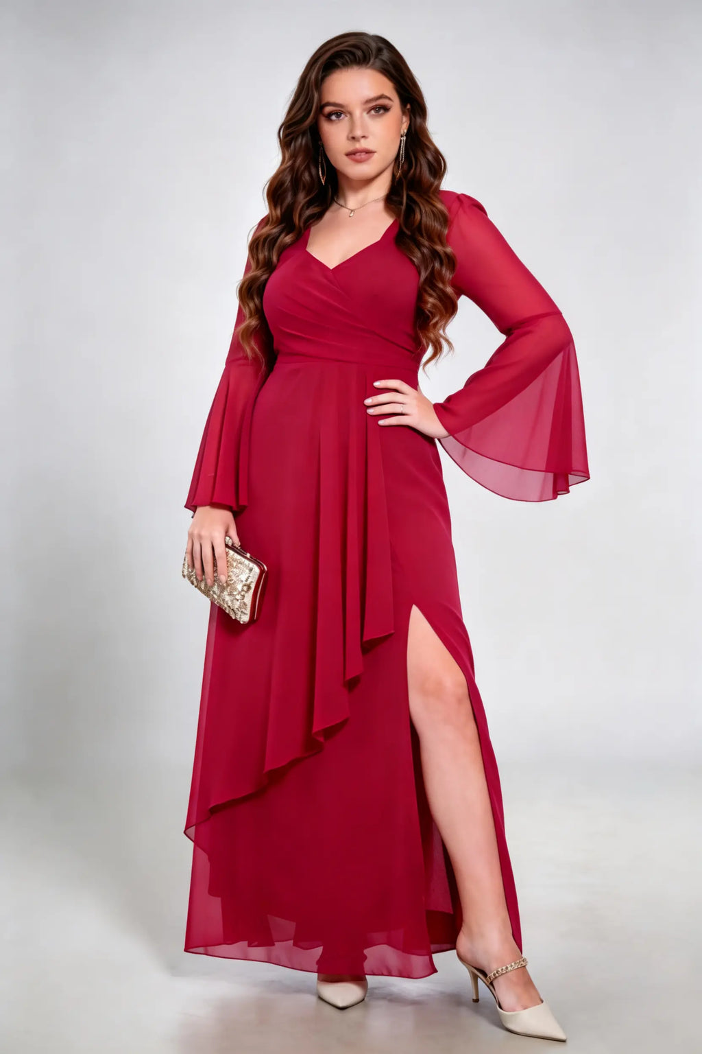 Plus Size Burgundy Chiffon Wrap Maxi Dress with Bell Sleeves and High Slit - Elegant Evening Gown
