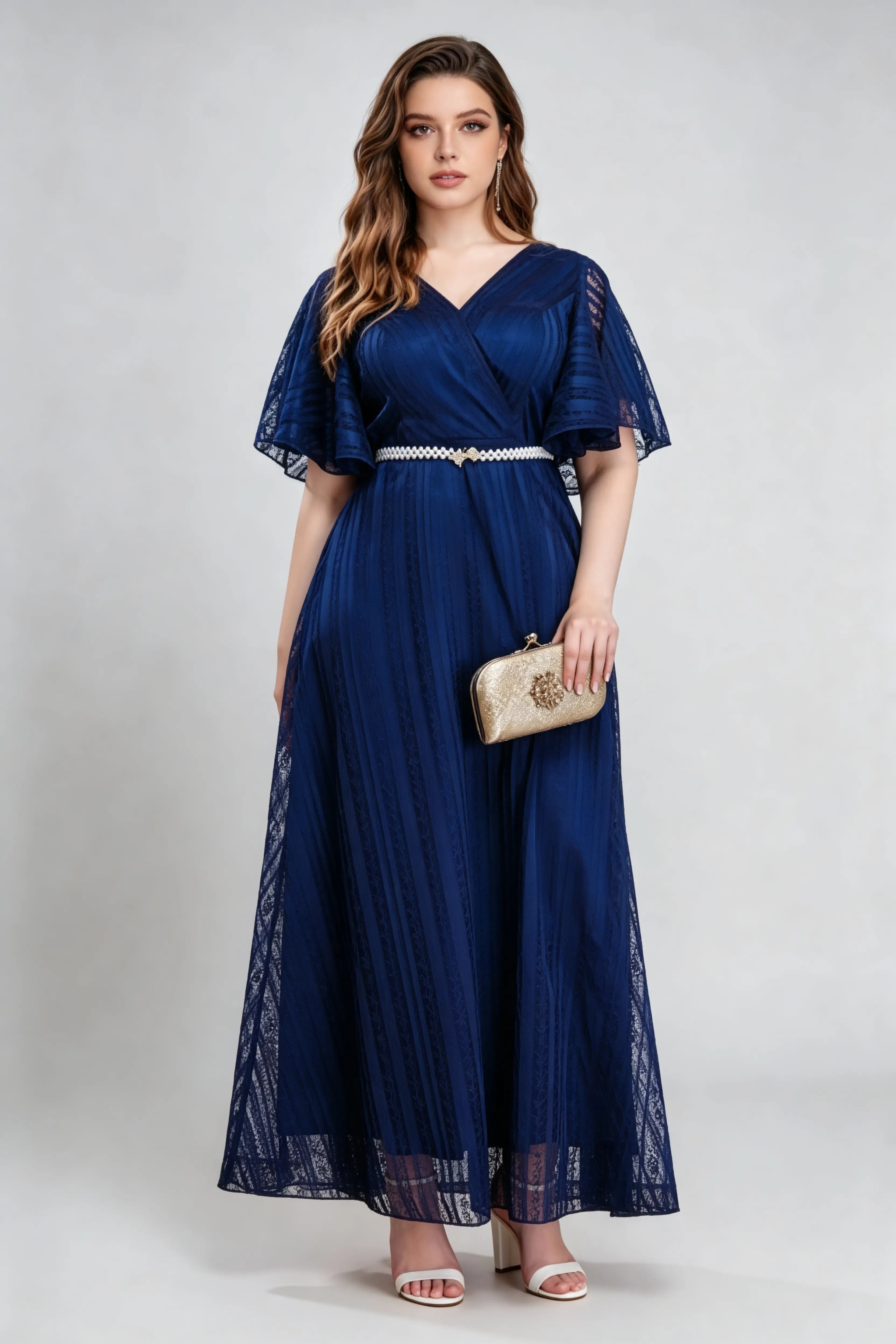 Plus Size Elegant Navy Blue Lace V-Neck Maxi Dress with Flutter Sleeves Navy / 4XL