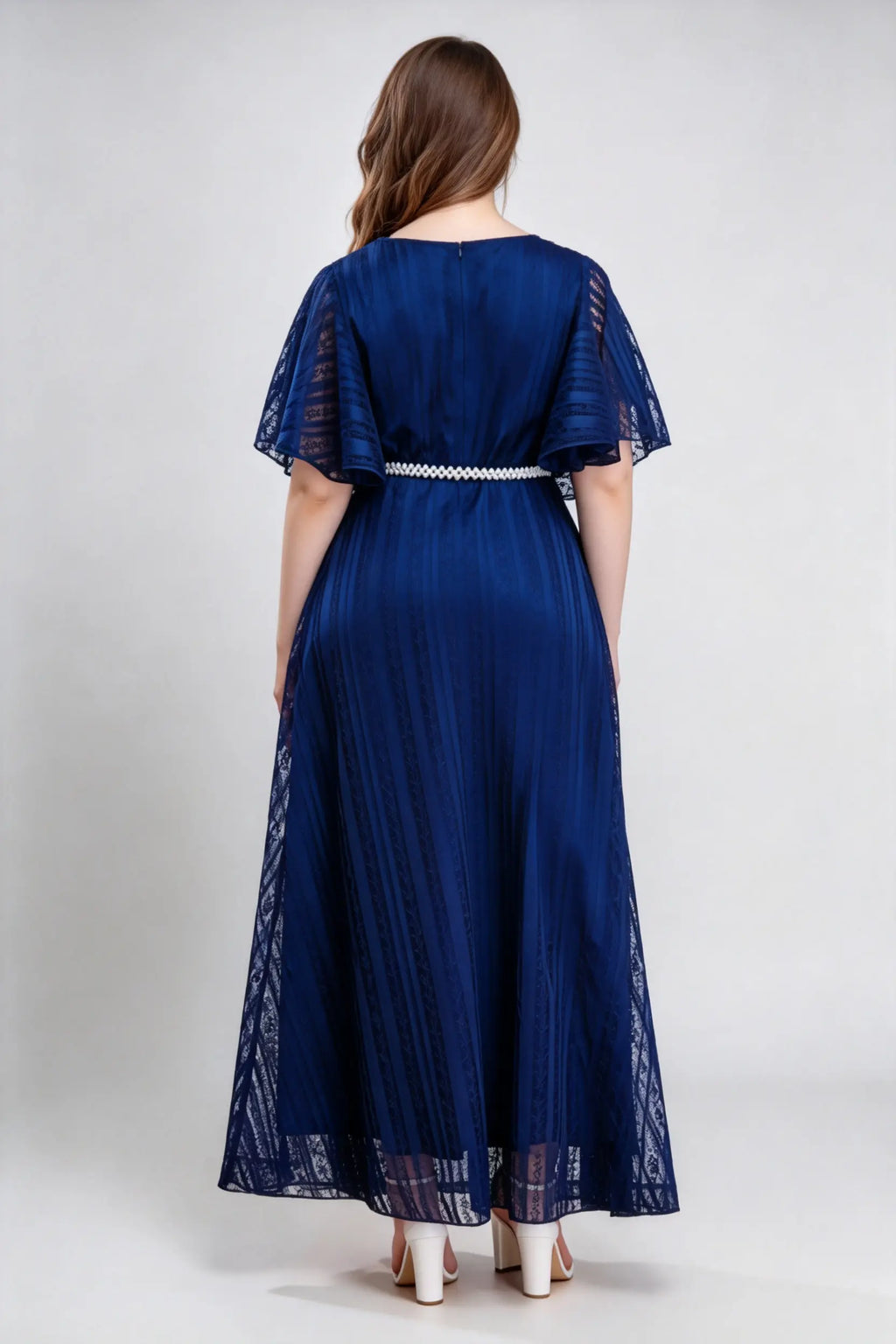 Plus Size Elegant Navy Blue Lace V-Neck Maxi Dress with Flutter Sleeves