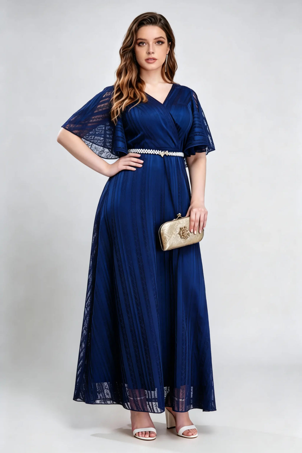 Plus Size Elegant Navy Blue Lace V-Neck Maxi Dress with Flutter Sleeves