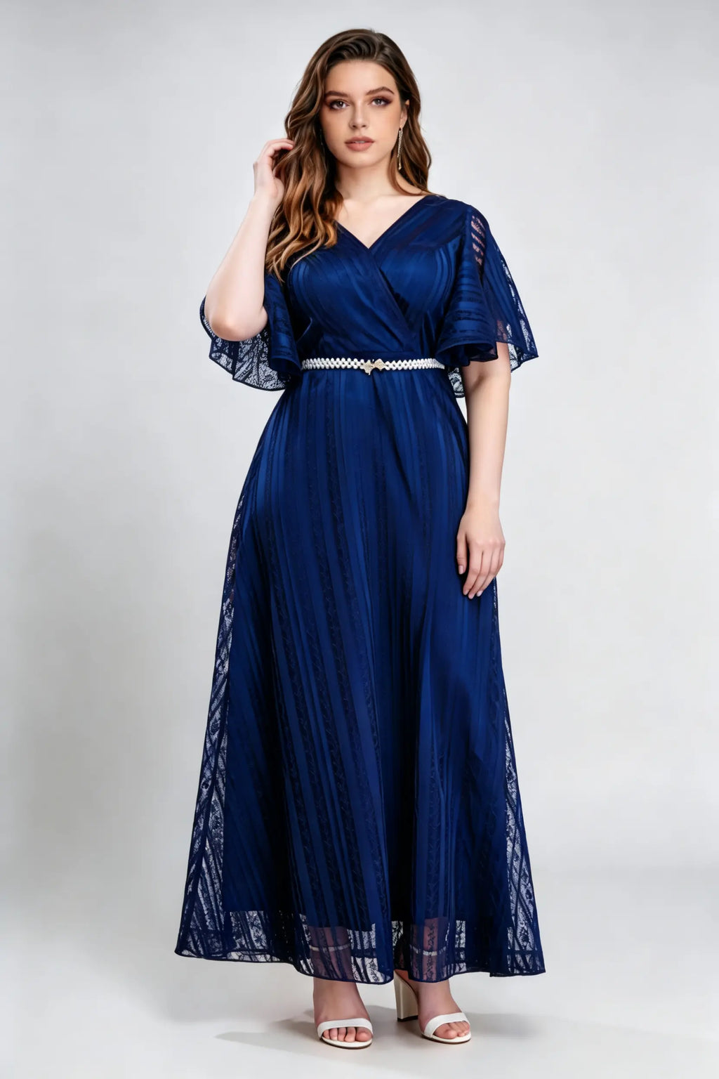 Plus Size Elegant Navy Blue Lace V-Neck Maxi Dress with Flutter Sleeves