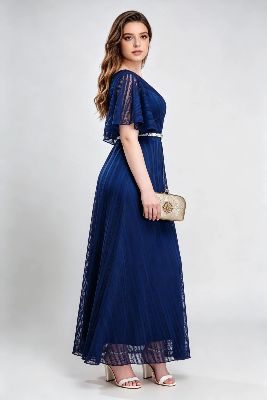 Plus Size Elegant Navy Blue Lace V-Neck Maxi Dress with Flutter Sleeves