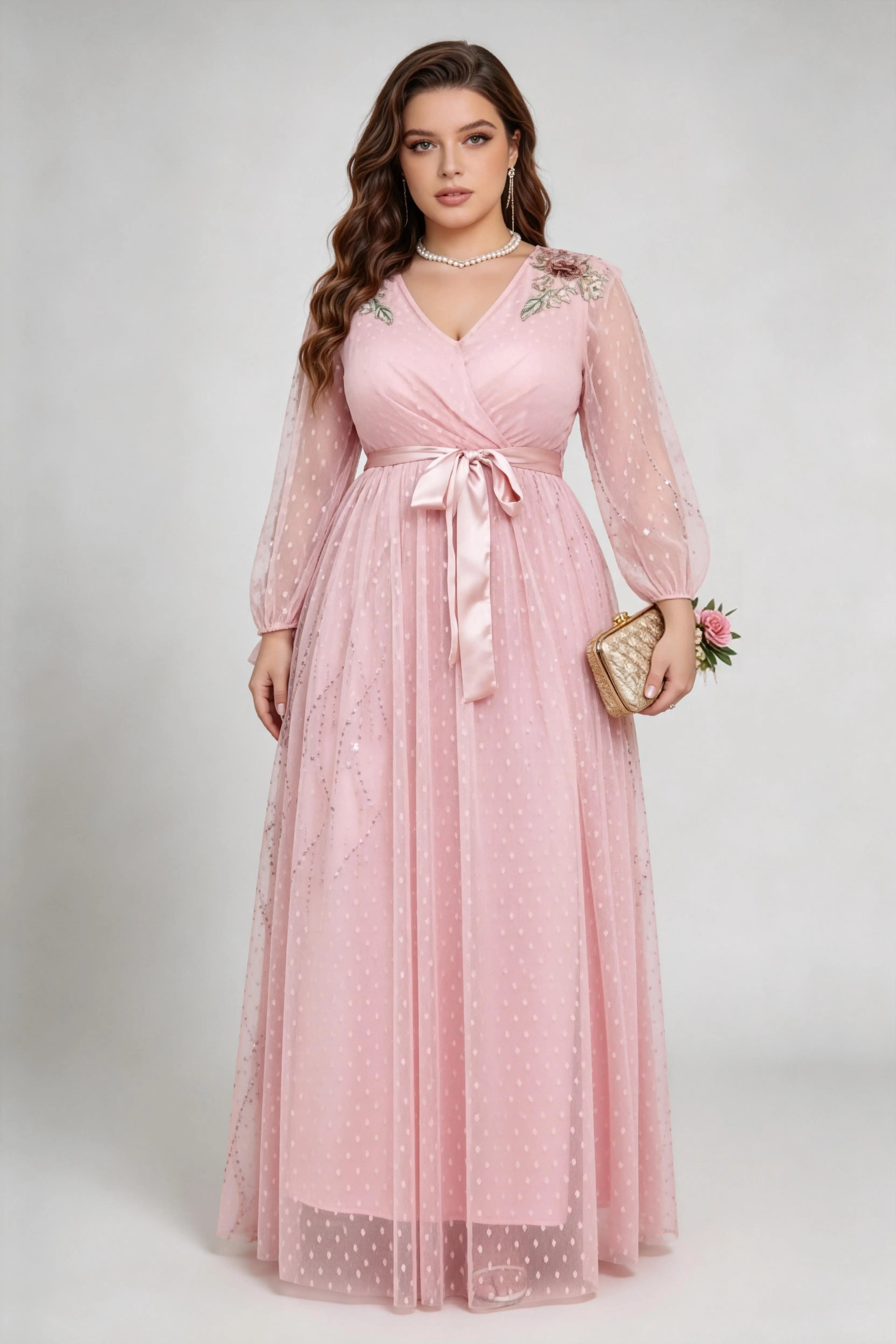 Plus Size Pink Elegant V-Neck Lace Embroidered Polka Dot Tulle Maxi Dress with Satin Waist Belt