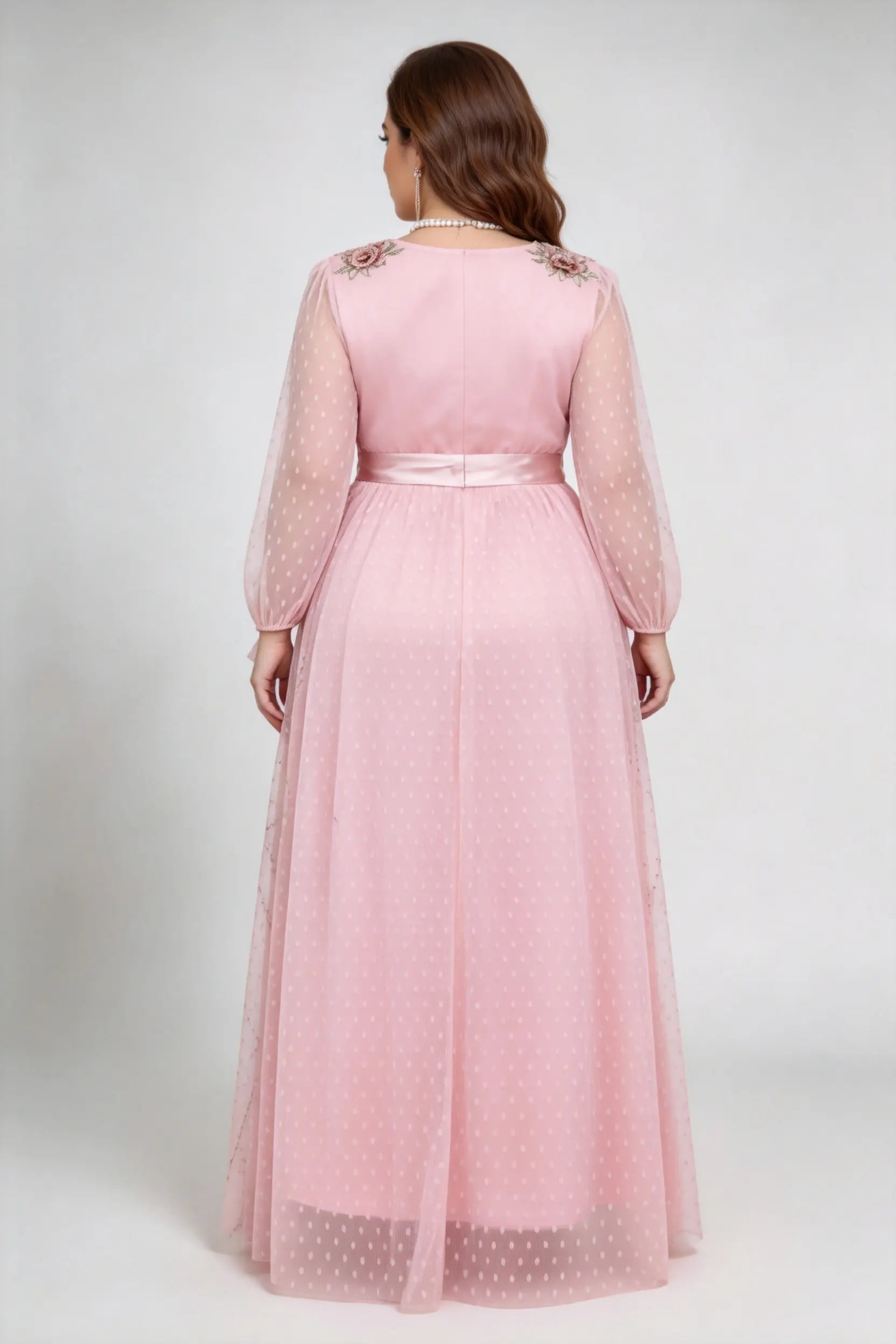 Plus Size Pink Elegant V-Neck Lace Embroidered Polka Dot Tulle Maxi Dress with Satin Waist Belt