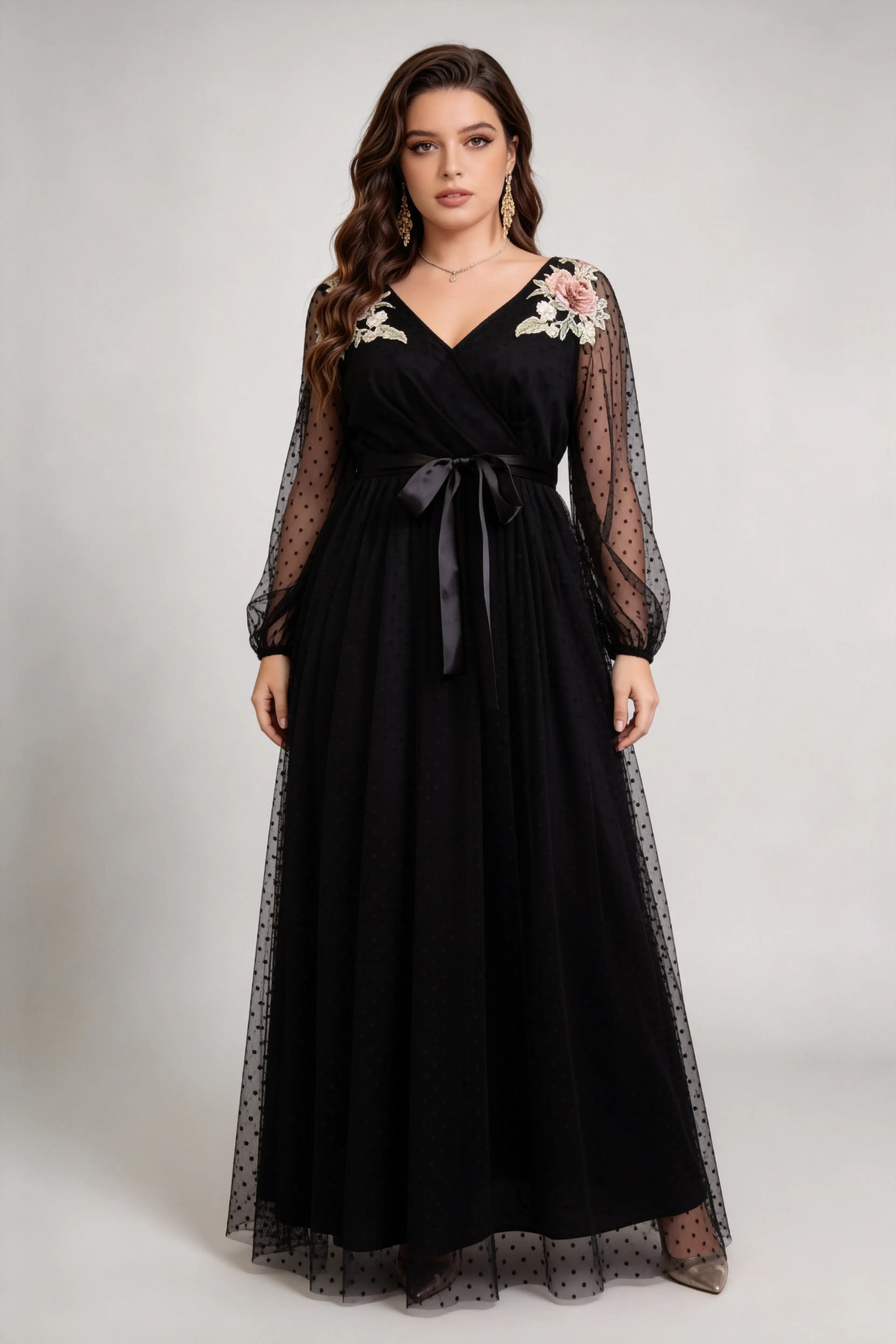 Plus Size Black Elegant V-Neck Lace Embroidered Polka Dot Tulle Maxi Dress with Satin Waist Belt