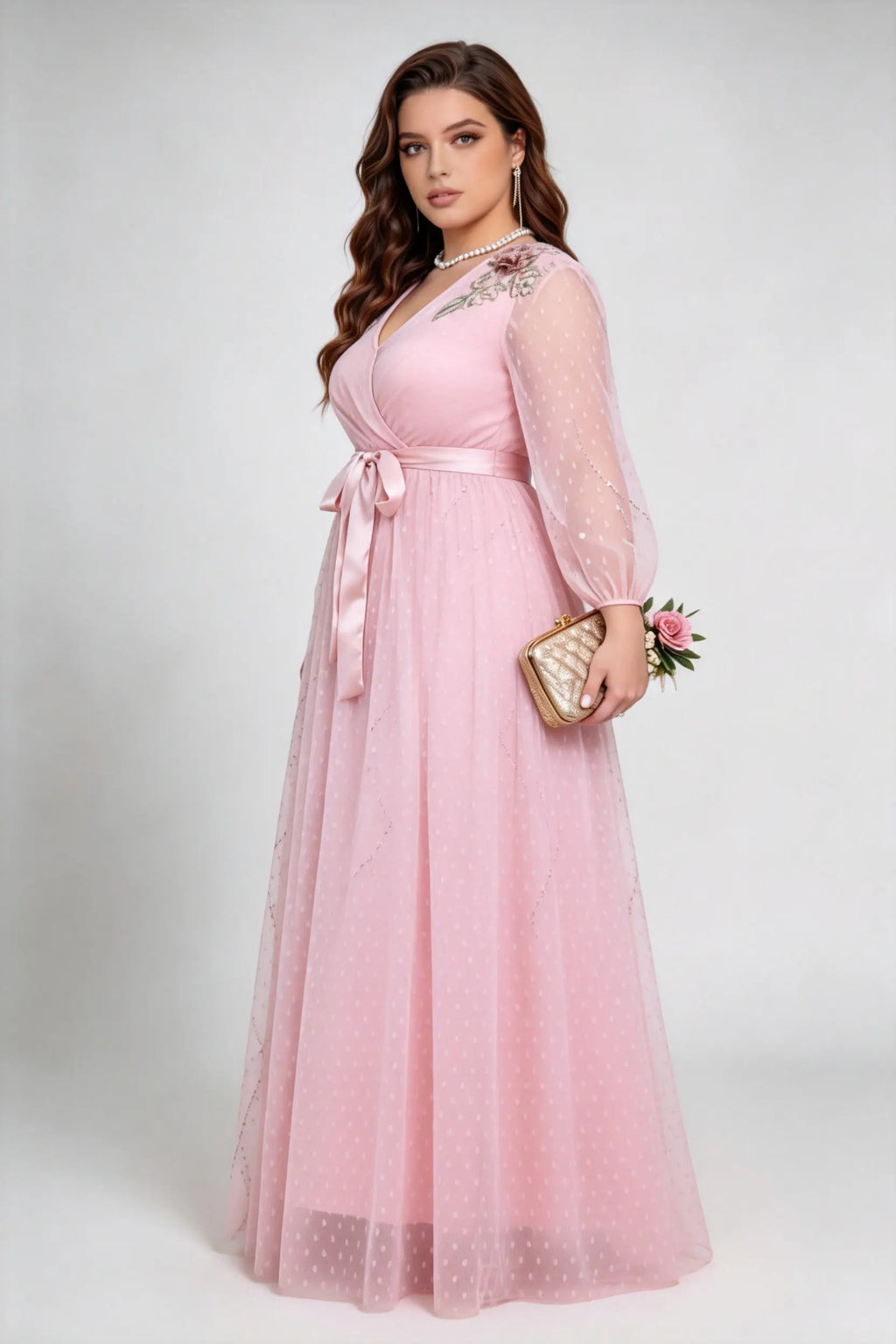Plus Size Pink Elegant V-Neck Lace Embroidered Polka Dot Tulle Maxi Dress with Satin Waist Belt