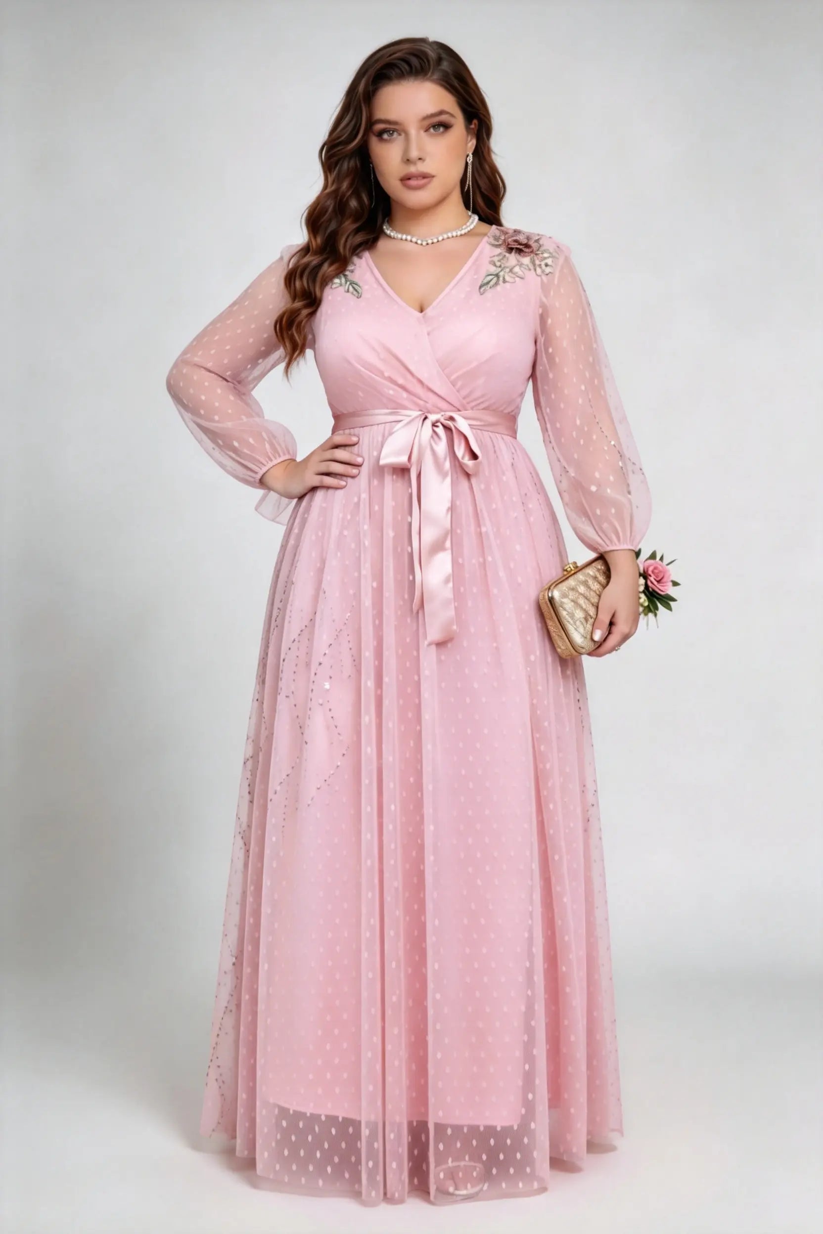 Plus Size Pink Elegant V-Neck Lace Embroidered Polka Dot Tulle Maxi Dress with Satin Waist Belt