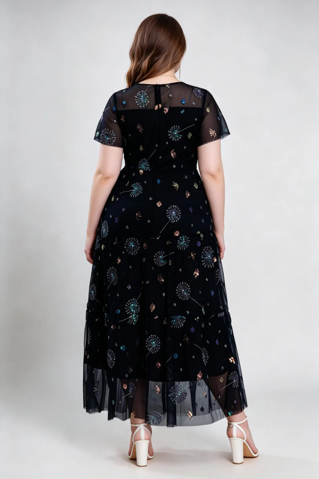 Plus Size Black Mesh Embroidered Maxi Dress with Flutter Sleeves - Elegant Evening Gown