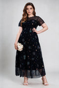 Plus Size Black Mesh Embroidered Maxi Dress with Flutter Sleeves - Elegant Evening Gown