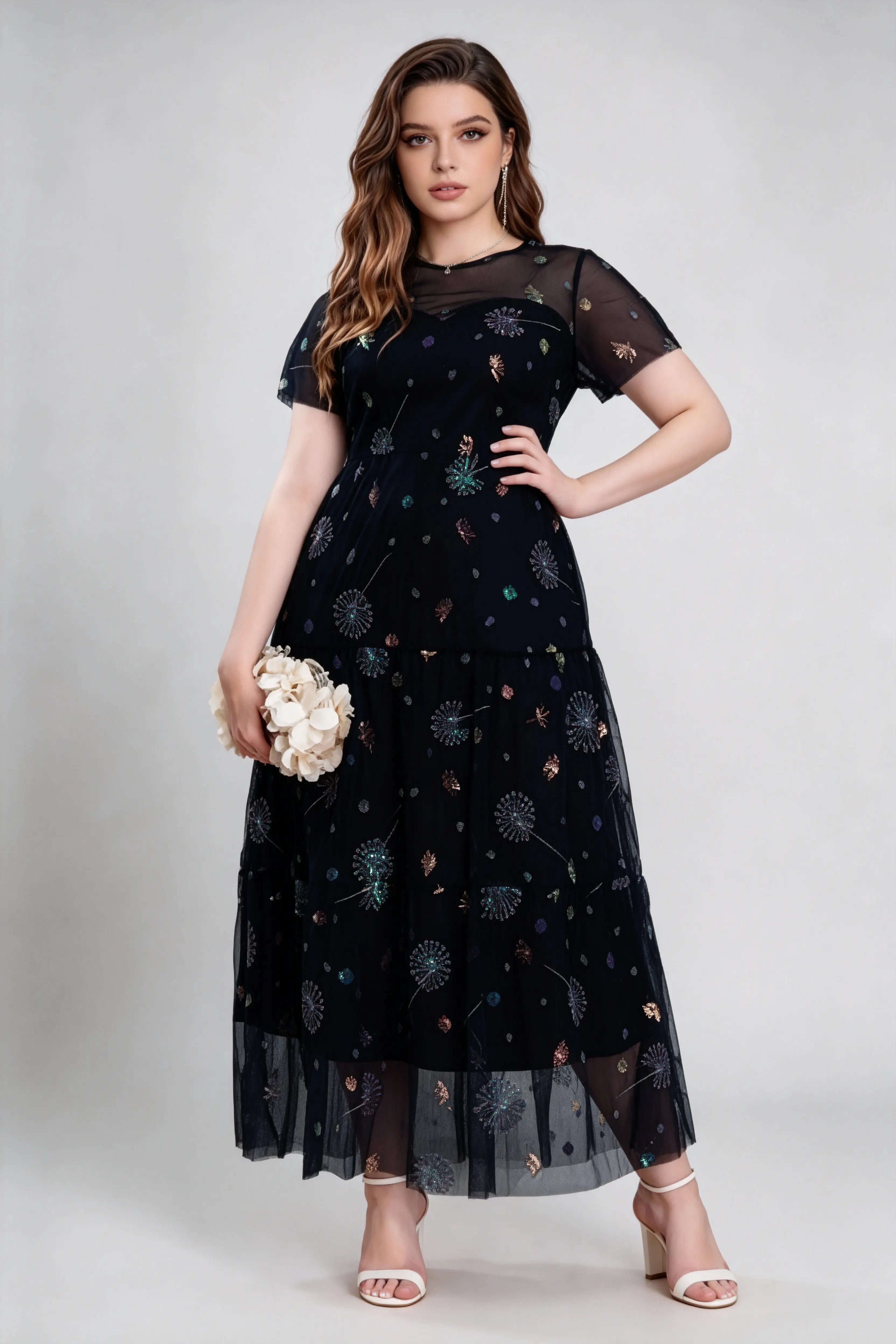 Plus Size Black Mesh Embroidered Maxi Dress with Flutter Sleeves - Elegant Evening Gown