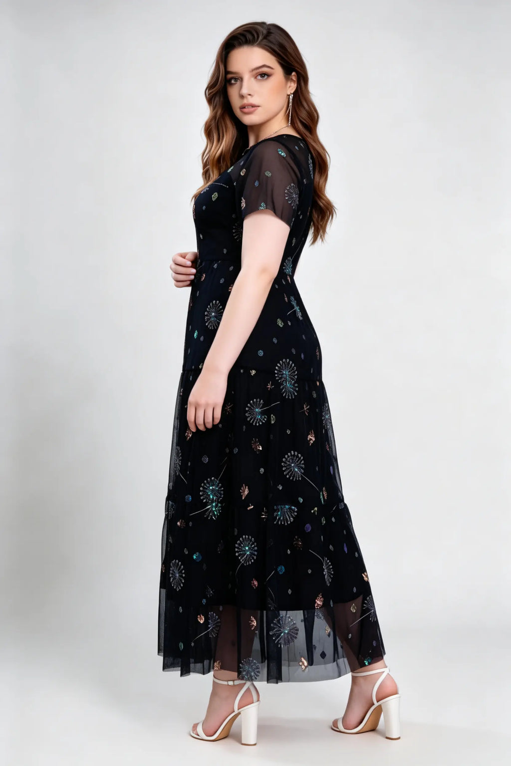 Plus Size Black Mesh Embroidered Maxi Dress with Flutter Sleeves - Elegant Evening Gown