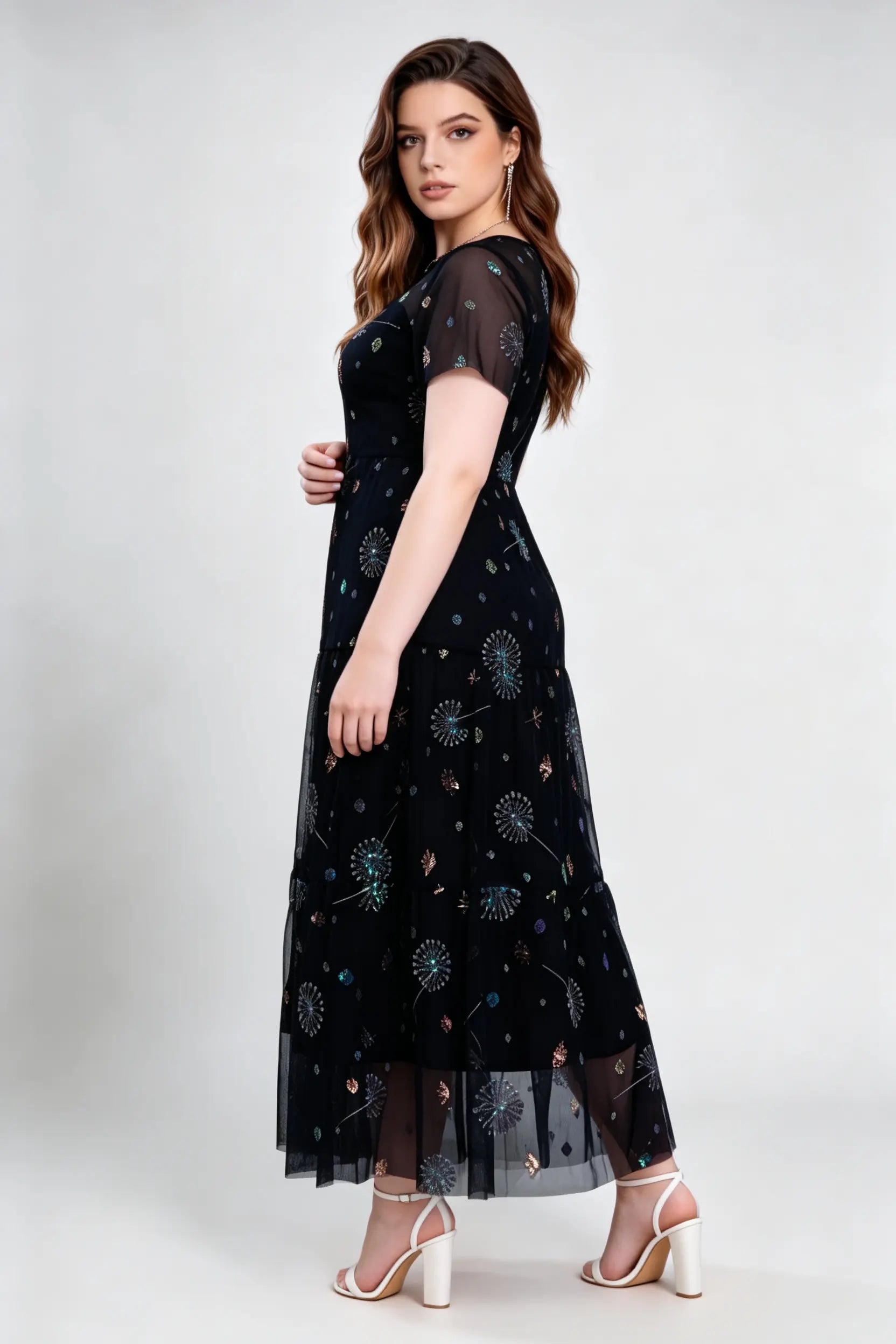 Plus Size Black Mesh Embroidered Maxi Dress with Flutter Sleeves - Elegant Evening Gown