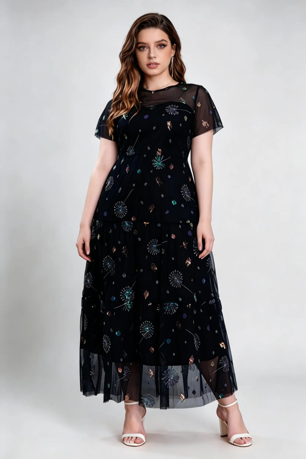 Plus Size Black Mesh Embroidered Maxi Dress with Flutter Sleeves - Elegant Evening Gown