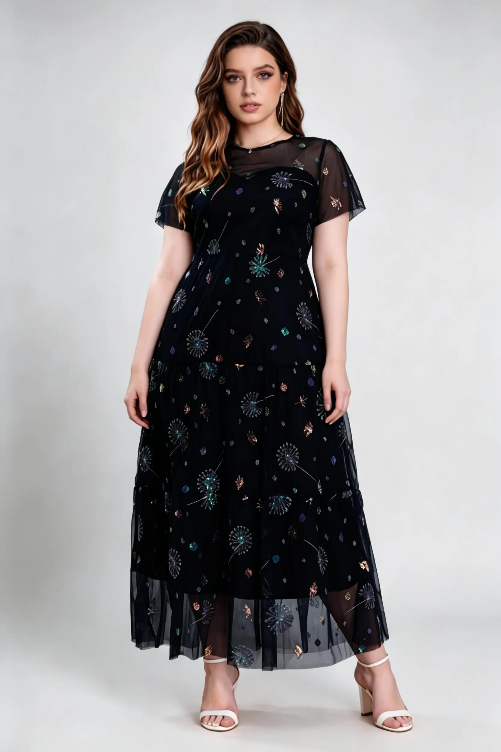 Plus Size Black Mesh Embroidered Maxi Dress with Flutter Sleeves - Elegant Evening Gown