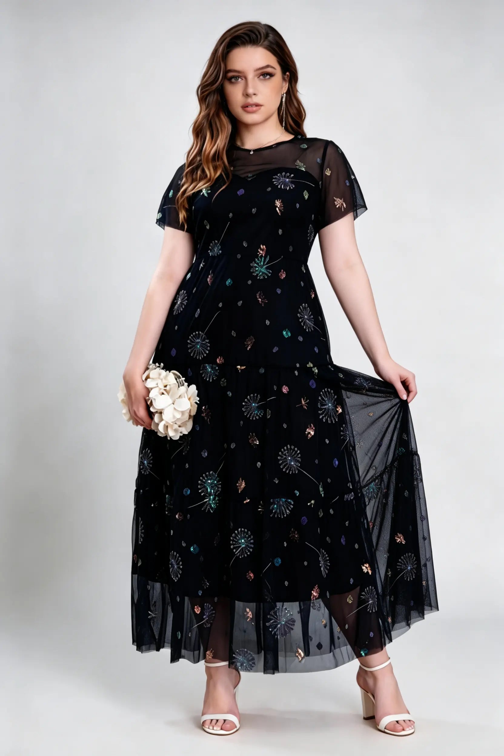 Plus Size Black Mesh Embroidered Maxi Dress with Flutter Sleeves - Elegant Evening Gown