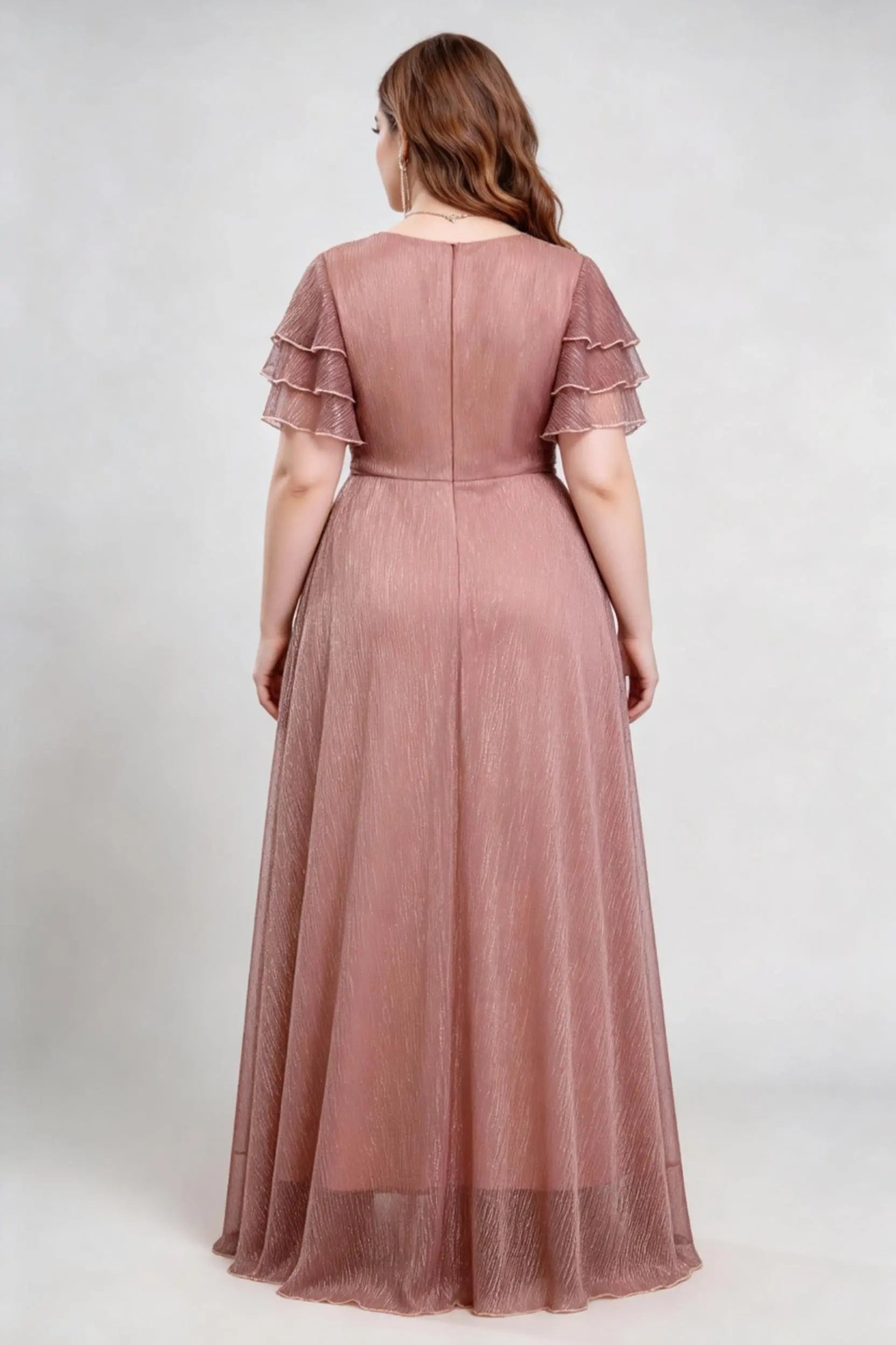 Plus Size Dusty Rose Ruffled Sleeve Wrap Maxi Dress with Invisible Zipper