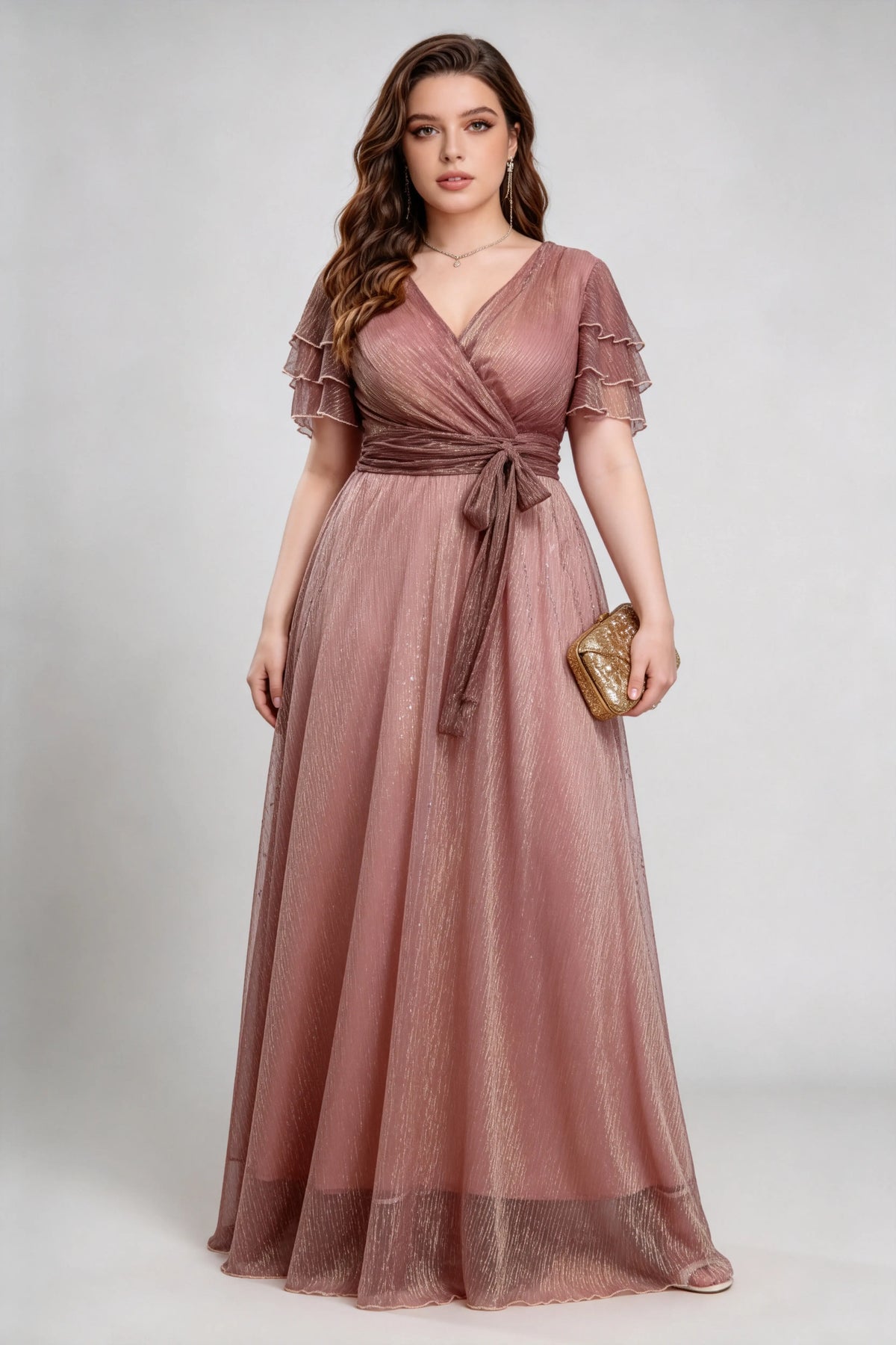 Plus Size Dusty Rose Ruffled Sleeve Wrap Maxi Dress with Invisible Zipper