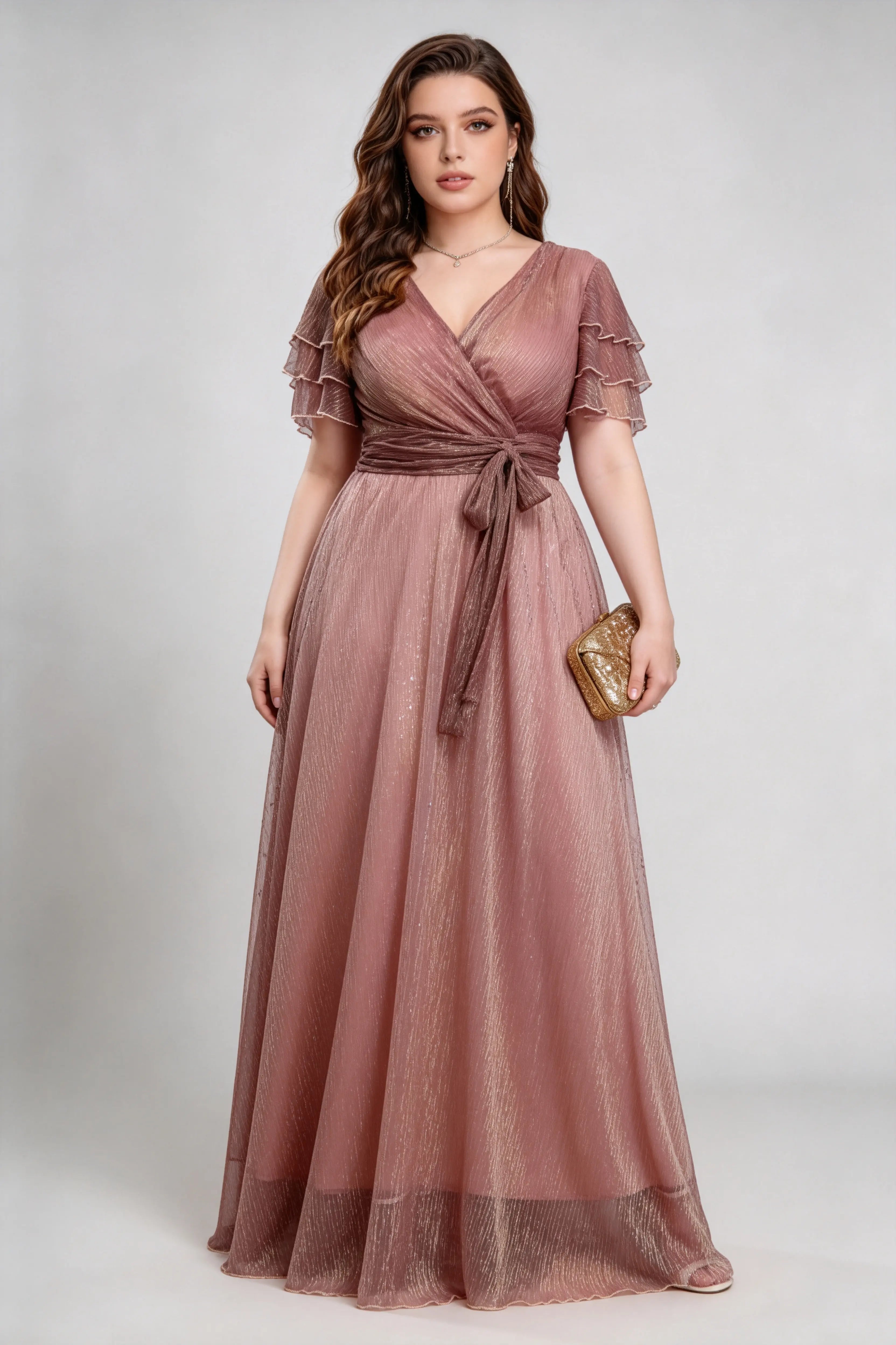 Plus Size Dusty Rose Ruffled Sleeve Wrap Maxi Dress with Invisible Zipper