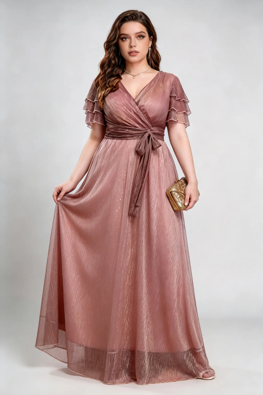 Plus Size Dusty Rose Ruffled Sleeve Wrap Maxi Dress with Invisible Zipper