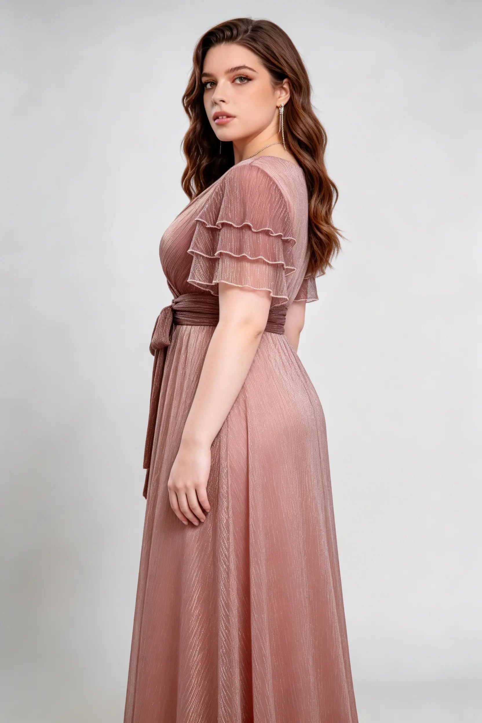Plus Size Dusty Rose Ruffled Sleeve Wrap Maxi Dress with Invisible Zipper