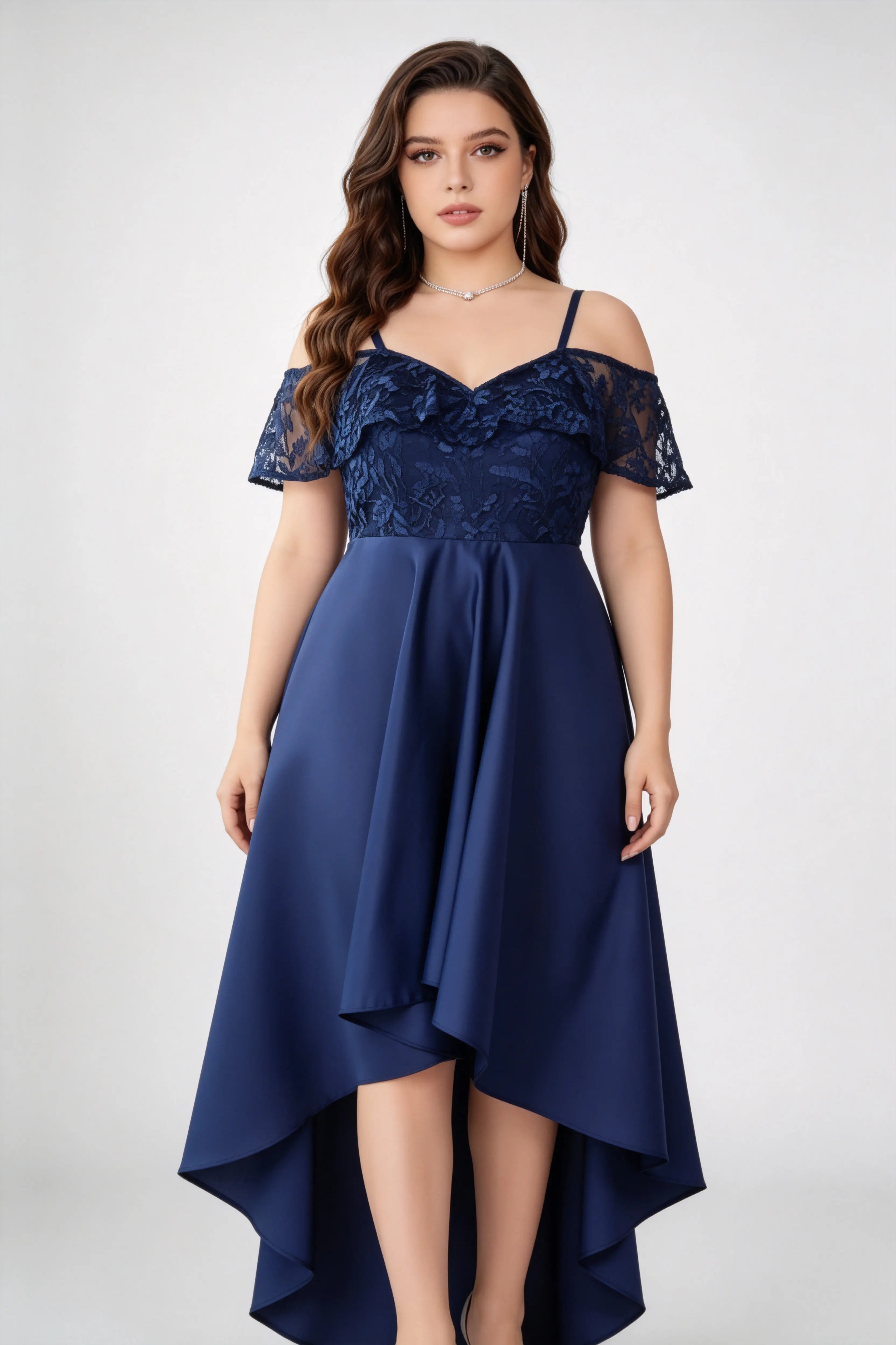 Plus Size Elegant Navy Blue Off-Shoulder Lace Satin High-Low Evening Dress
