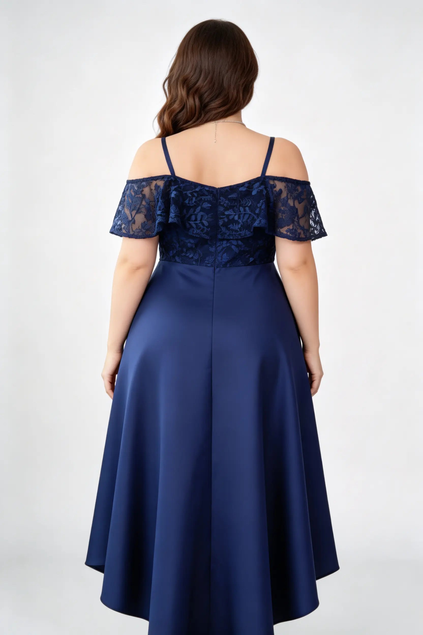 Plus Size Elegant Navy Blue Off-Shoulder Lace Satin High-Low Evening Dress