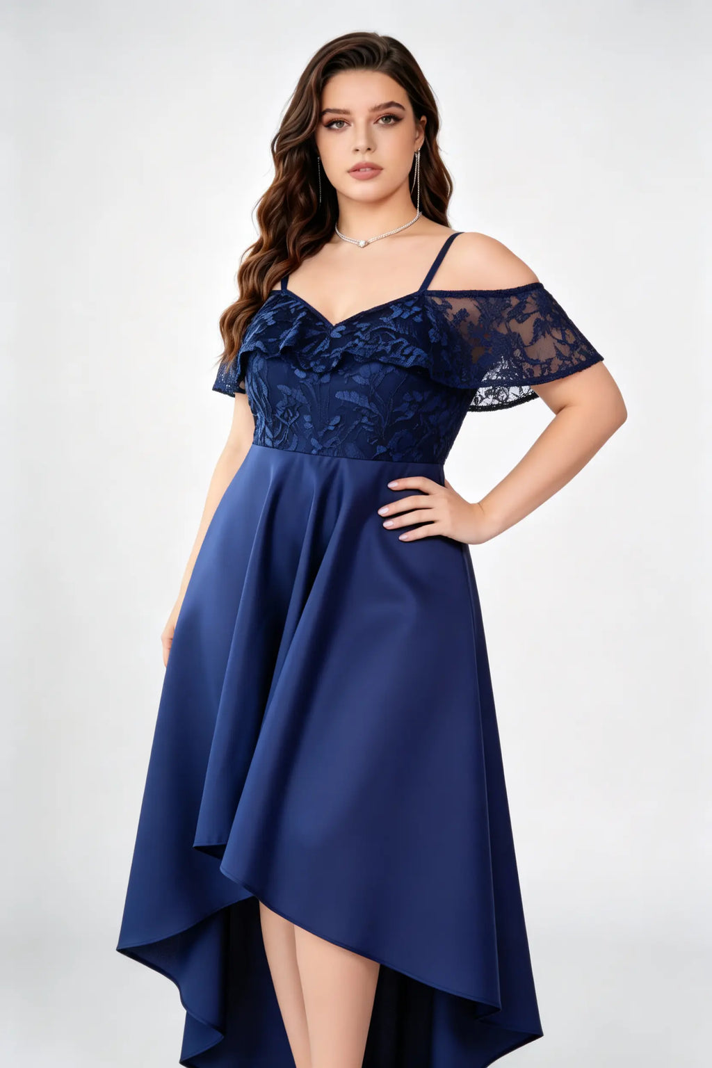 Plus Size Elegant Navy Blue Off-Shoulder Lace Satin High-Low Evening Dress