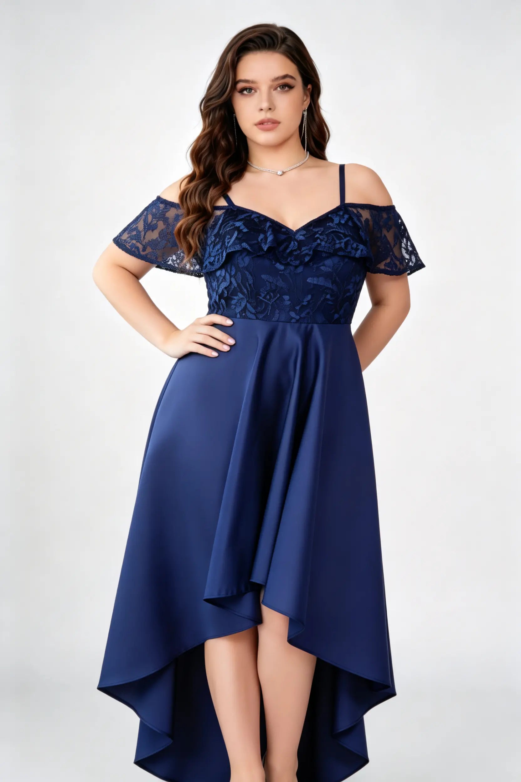 Plus Size Elegant Navy Blue Off-Shoulder Lace Satin High-Low Evening Dress