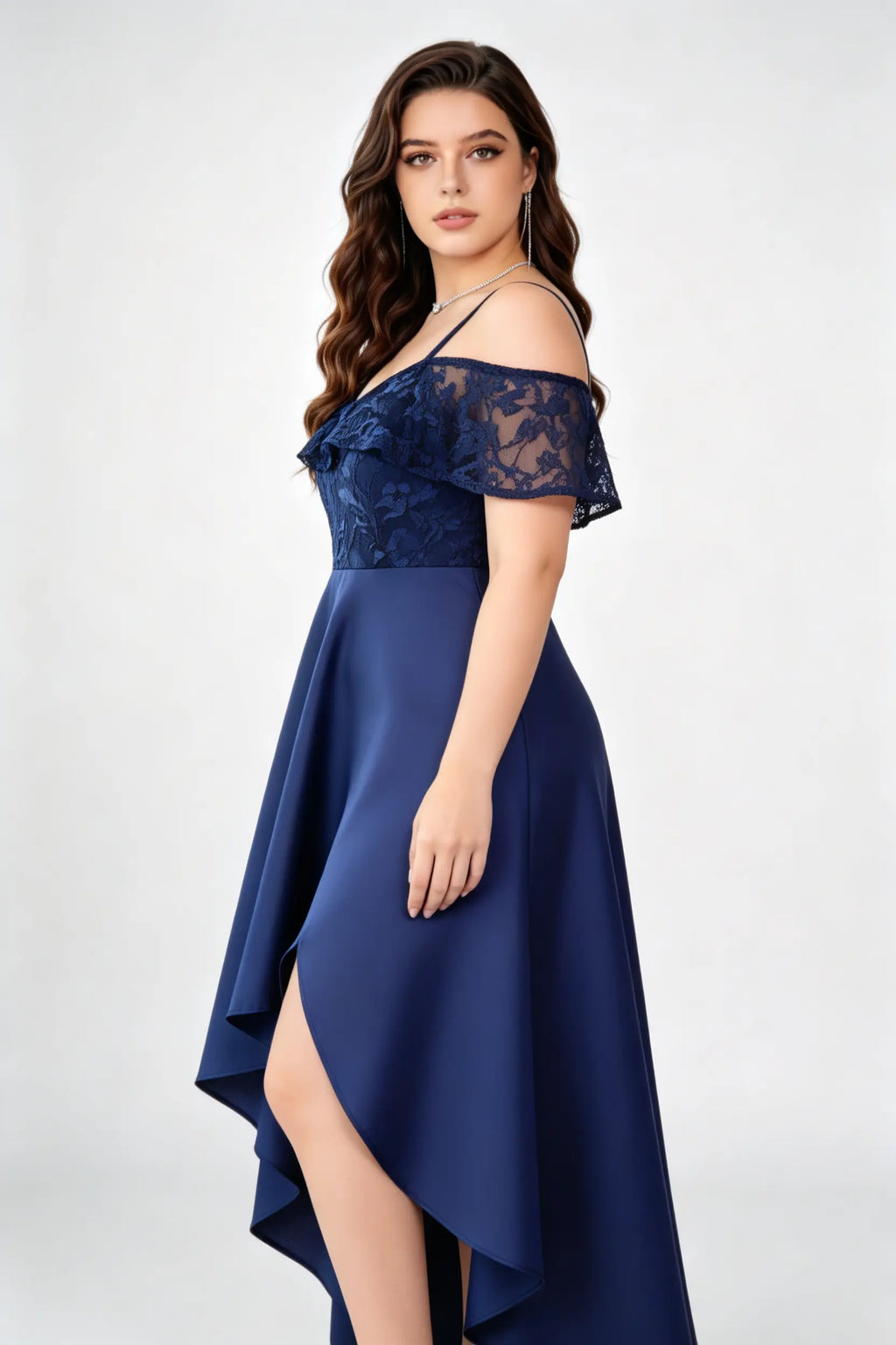 Plus Size Elegant Navy Blue Off-Shoulder Lace Satin High-Low Evening Dress