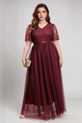 Plus Size Burgundy Lace & Tulle V-Neck Maxi Dress with Sequin Waistband