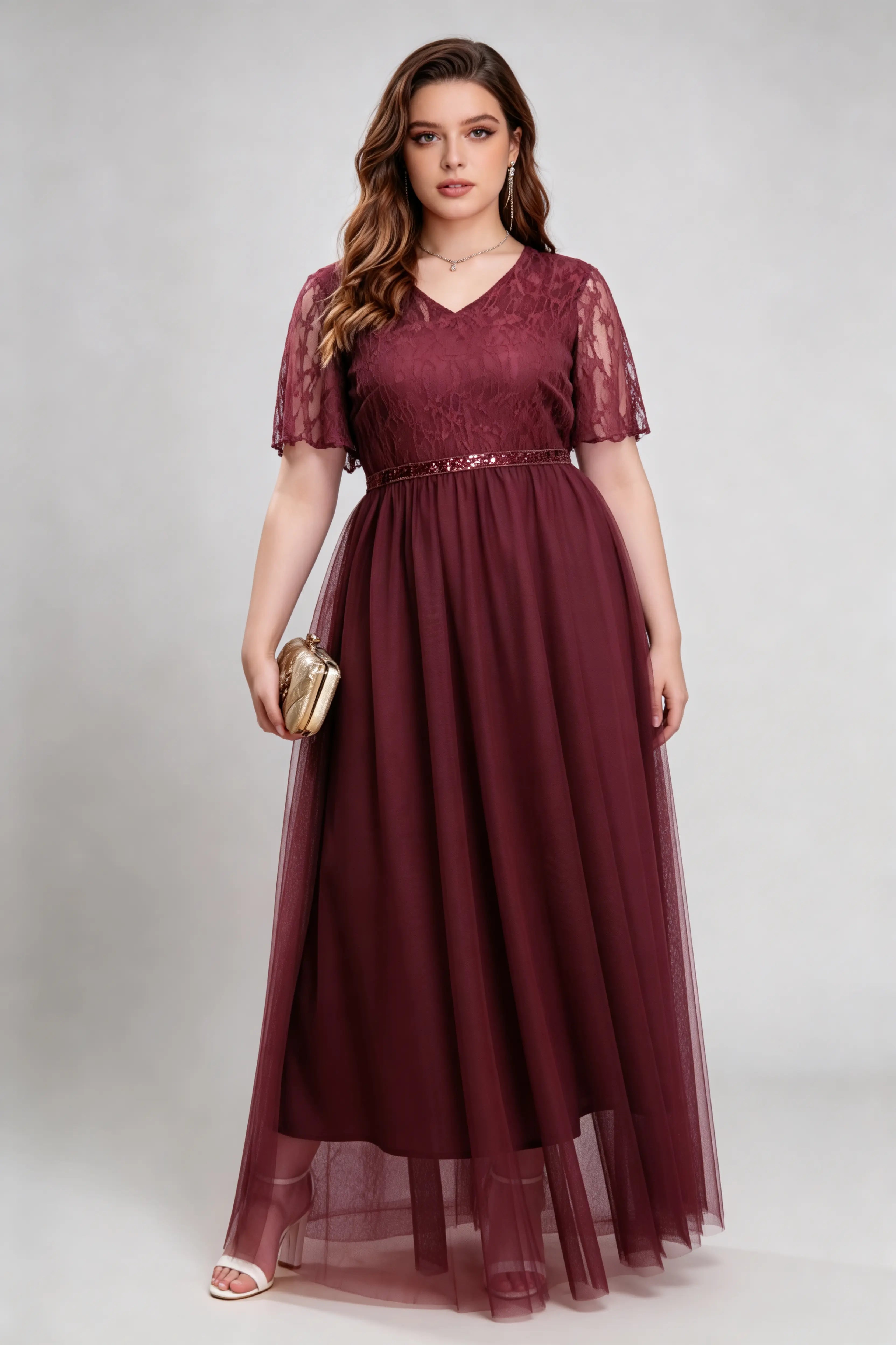 Plus Size Burgundy Lace & Tulle V-Neck Maxi Dress with Sequin Waistband