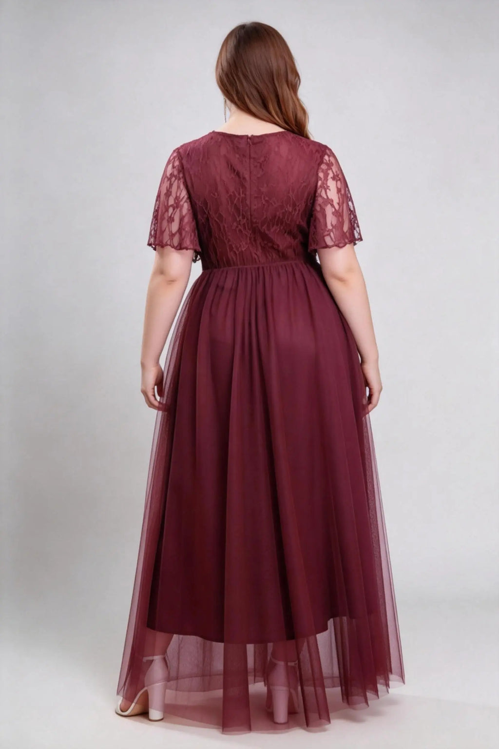 Plus Size Burgundy Lace & Tulle V-Neck Maxi Dress with Sequin Waistband