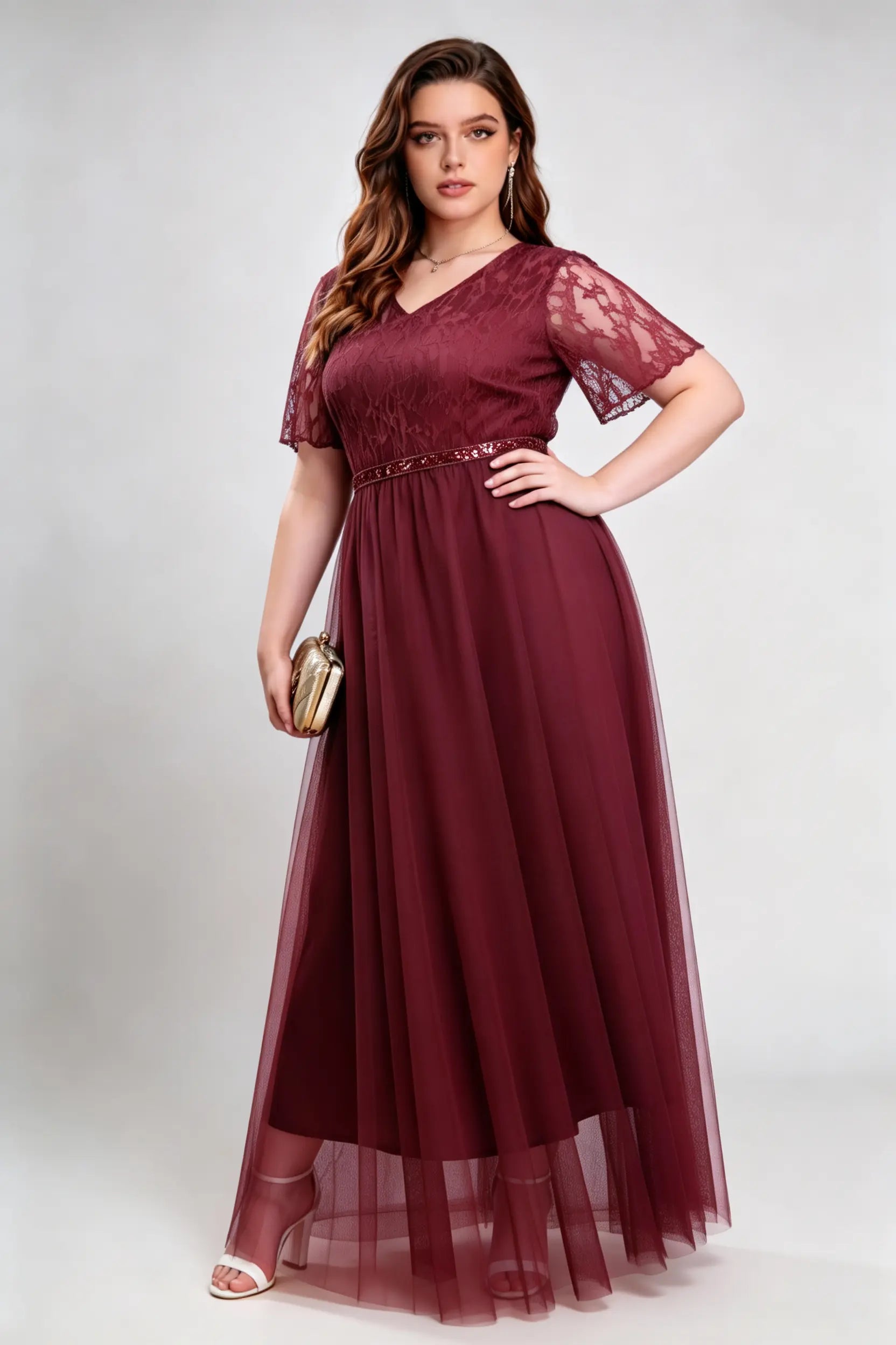 Plus Size Burgundy Lace & Tulle V-Neck Maxi Dress with Sequin Waistband