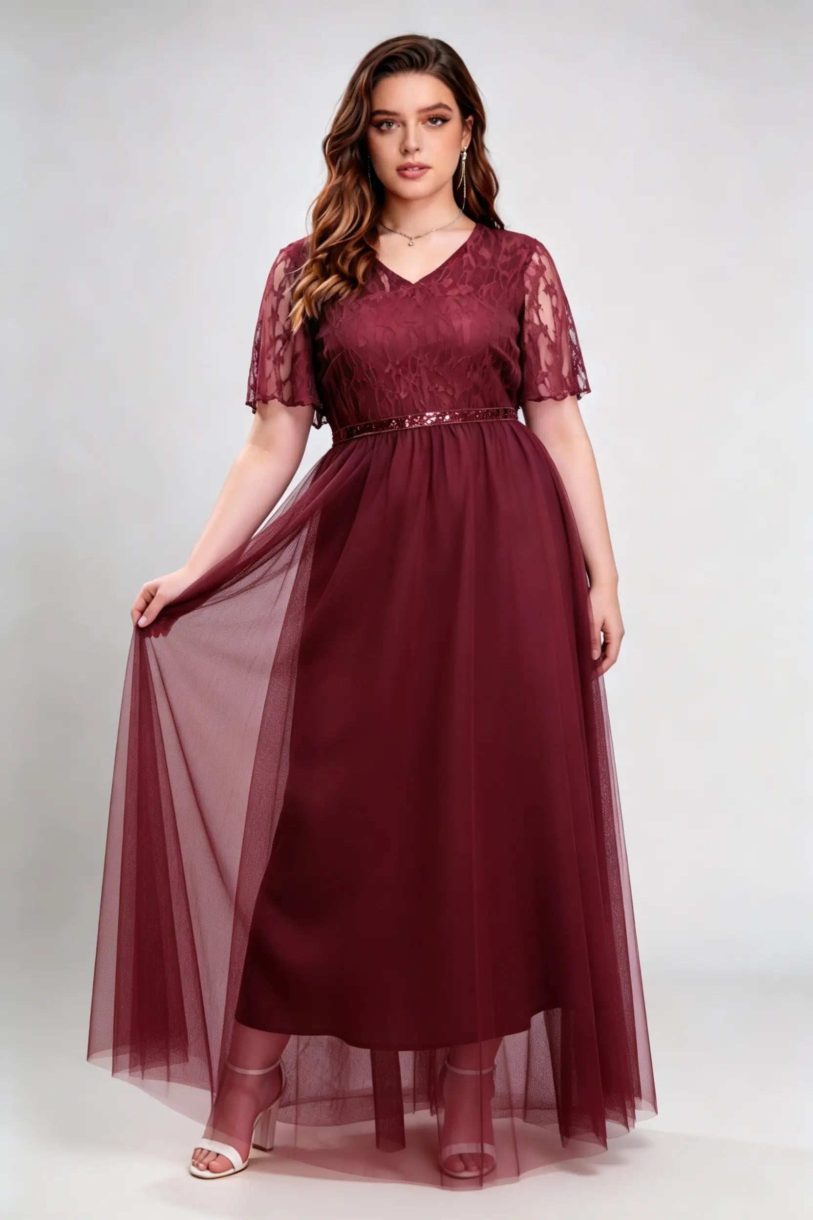 Plus Size Burgundy Lace & Tulle V-Neck Maxi Dress with Sequin Waistband