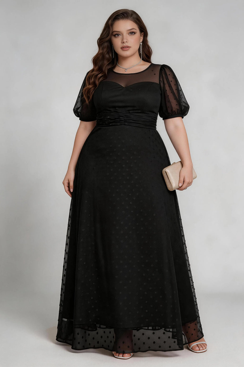 Plus Size Black Elegant Polka Dot Mesh Puff Sleeve Maxi Dress - Formal Gown