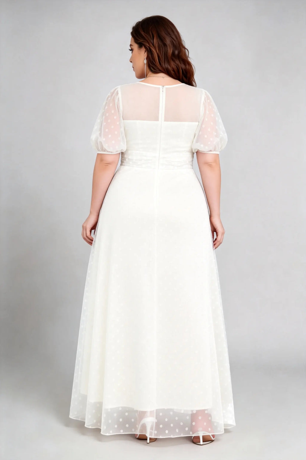 Plus Size White Elegant Polka Dot Mesh Puff Sleeve Maxi Dress - Formal Gown