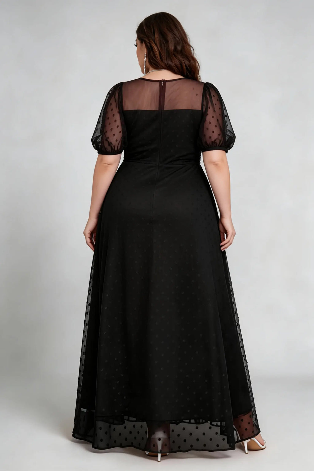 Plus Size Black Elegant Polka Dot Mesh Puff Sleeve Maxi Dress - Formal Gown