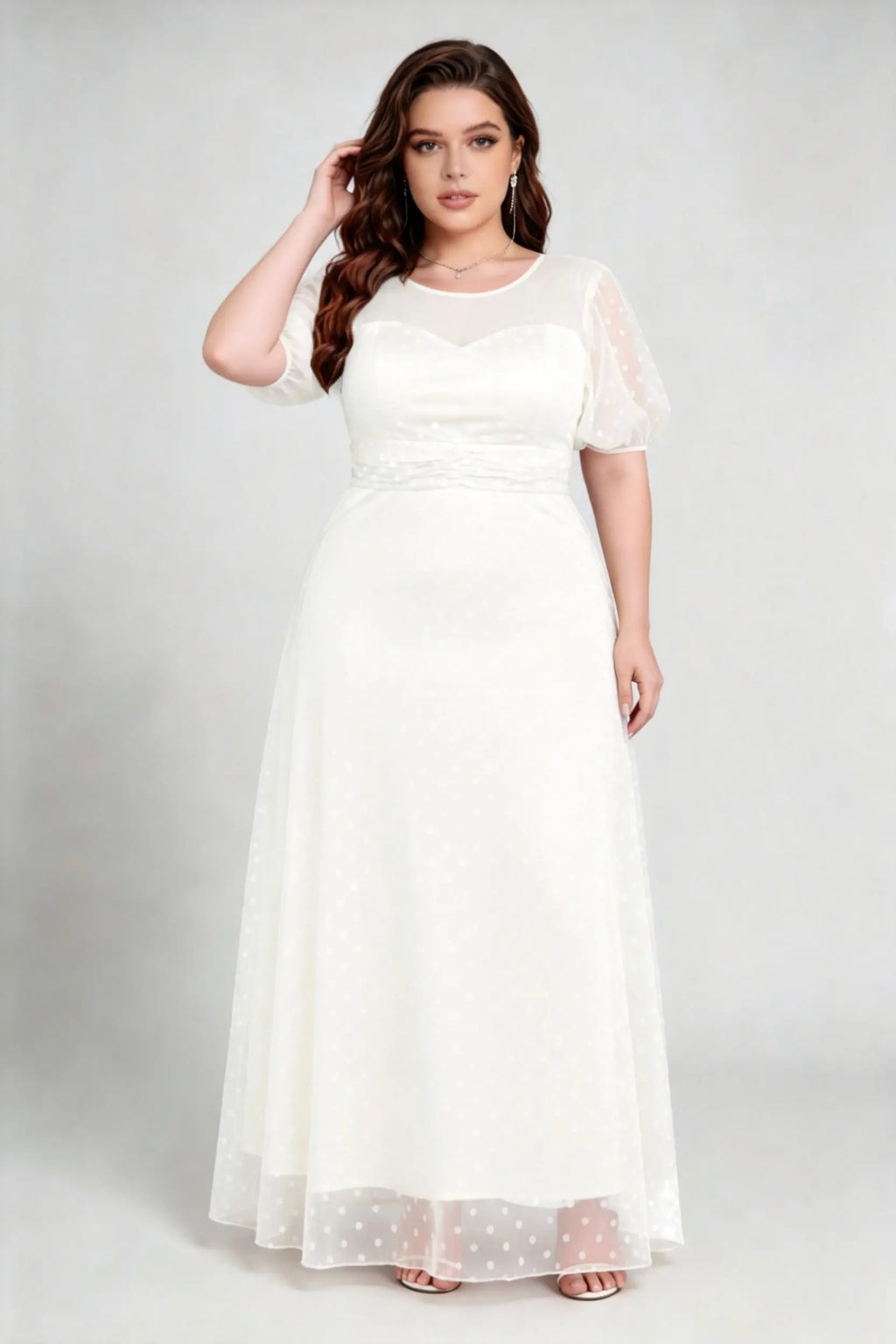 Plus Size White Elegant Polka Dot Mesh Puff Sleeve Maxi Dress - Formal Gown
