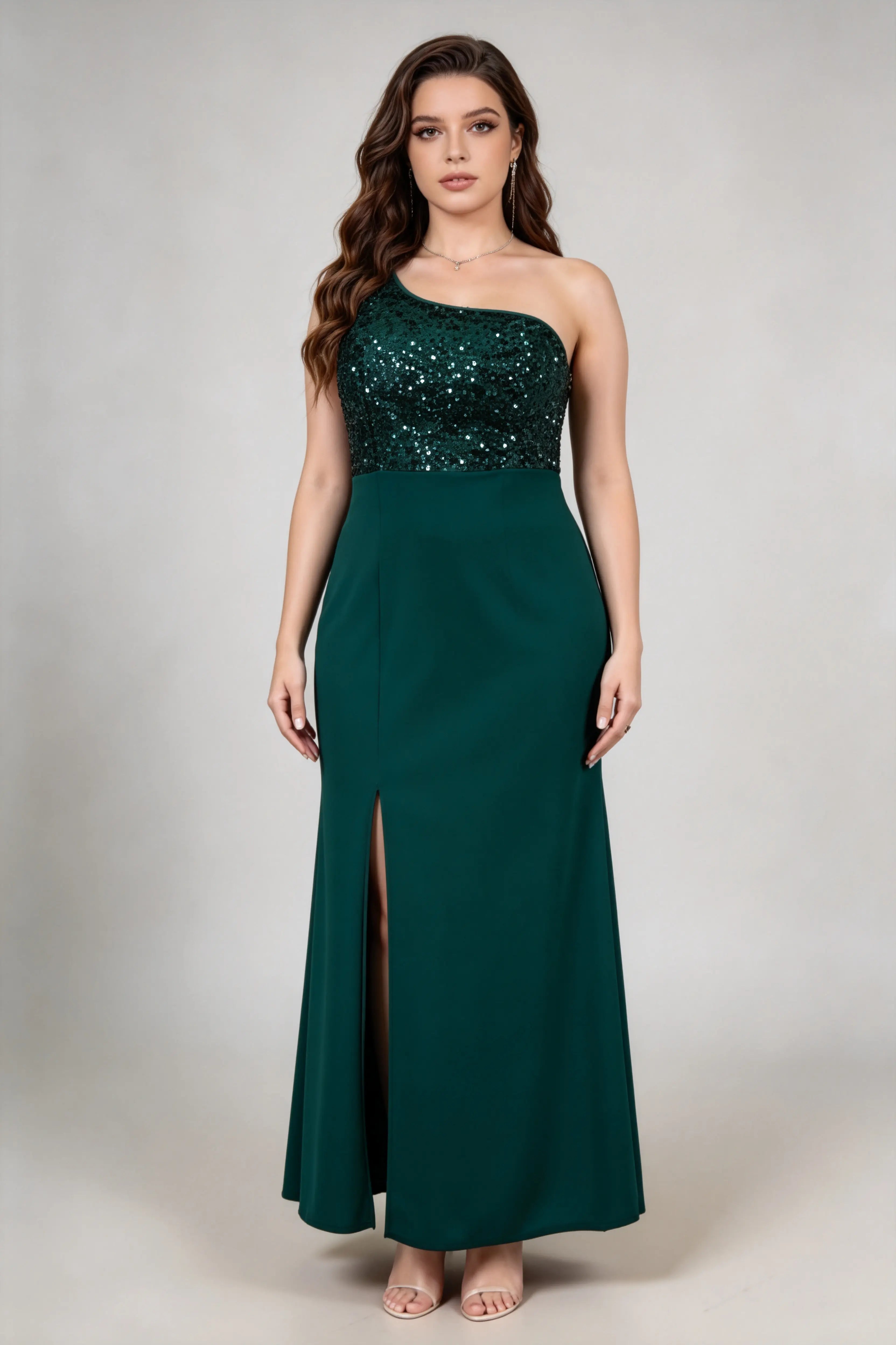 Plus Size Dark Green Sequin One-Shoulder Maxi Dress - Formal Gown