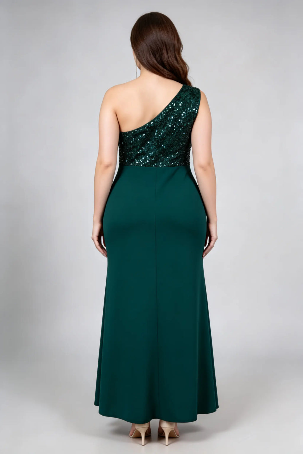 Plus Size Dark Green Sequin One-Shoulder Maxi Dress - Formal Gown