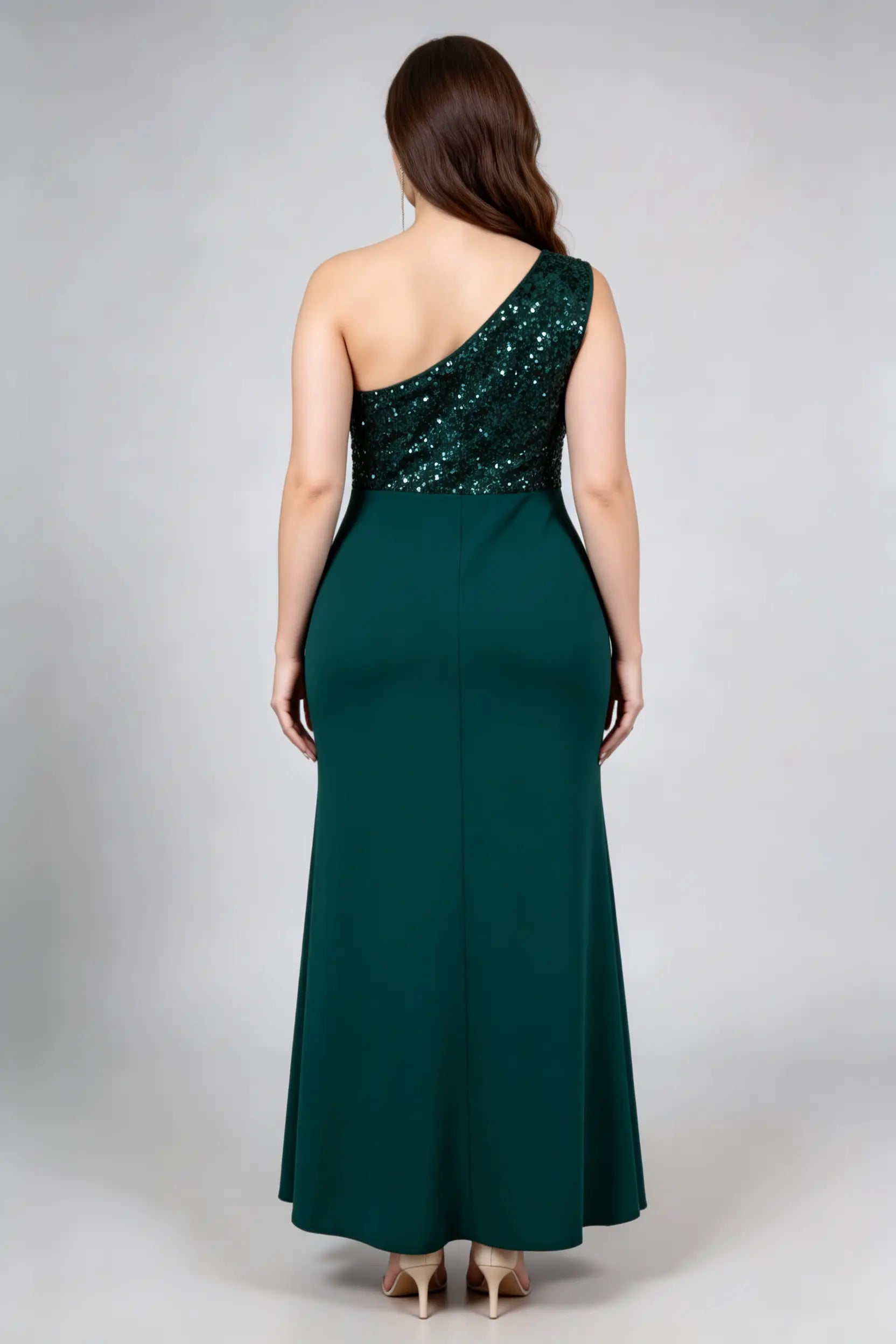 Plus Size Dark Green Sequin One-Shoulder Maxi Dress - Formal Gown
