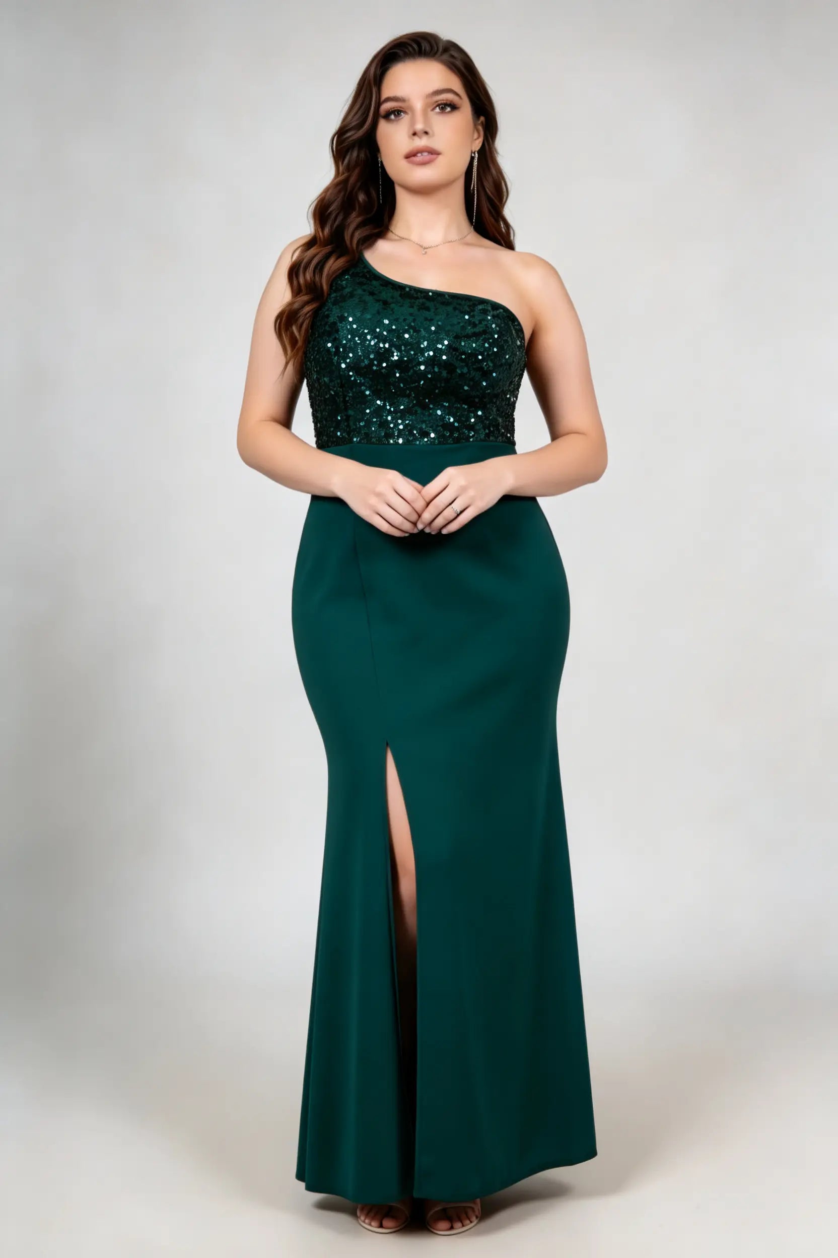 Plus Size Dark Green Sequin One-Shoulder Maxi Dress - Formal Gown