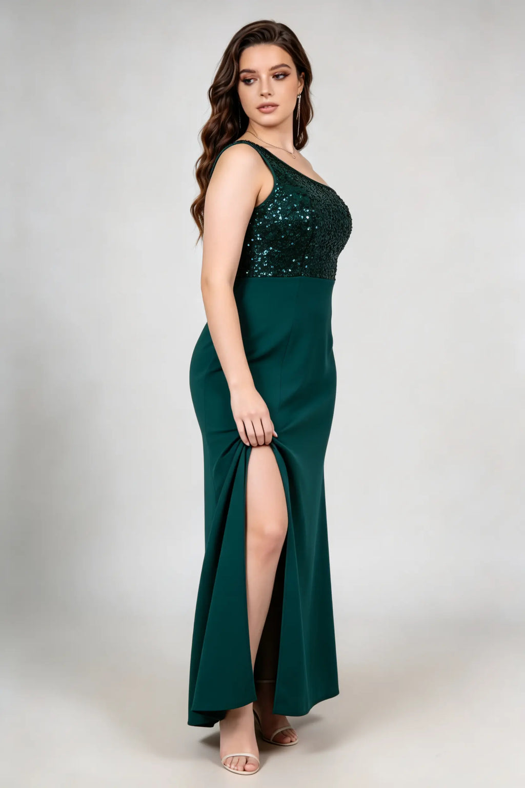 Plus Size Dark Green Sequin One-Shoulder Maxi Dress - Formal Gown