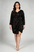 Rainbow Sequin Wrap-Front Cocktail Dress - Plus Size Long Sleeve Party Dress