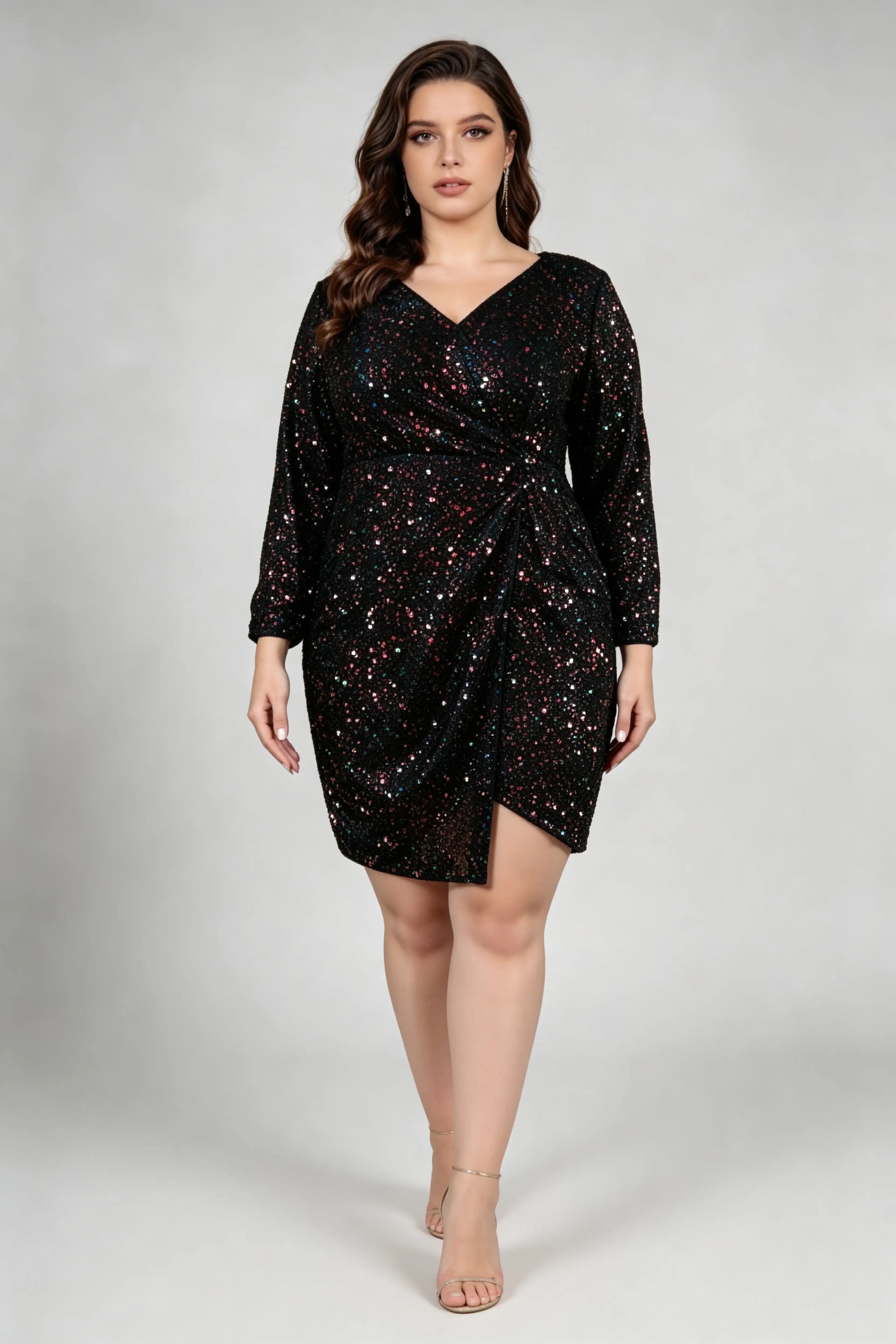 Rainbow Sequin Wrap-Front Cocktail Dress - Plus Size Long Sleeve Party Dress