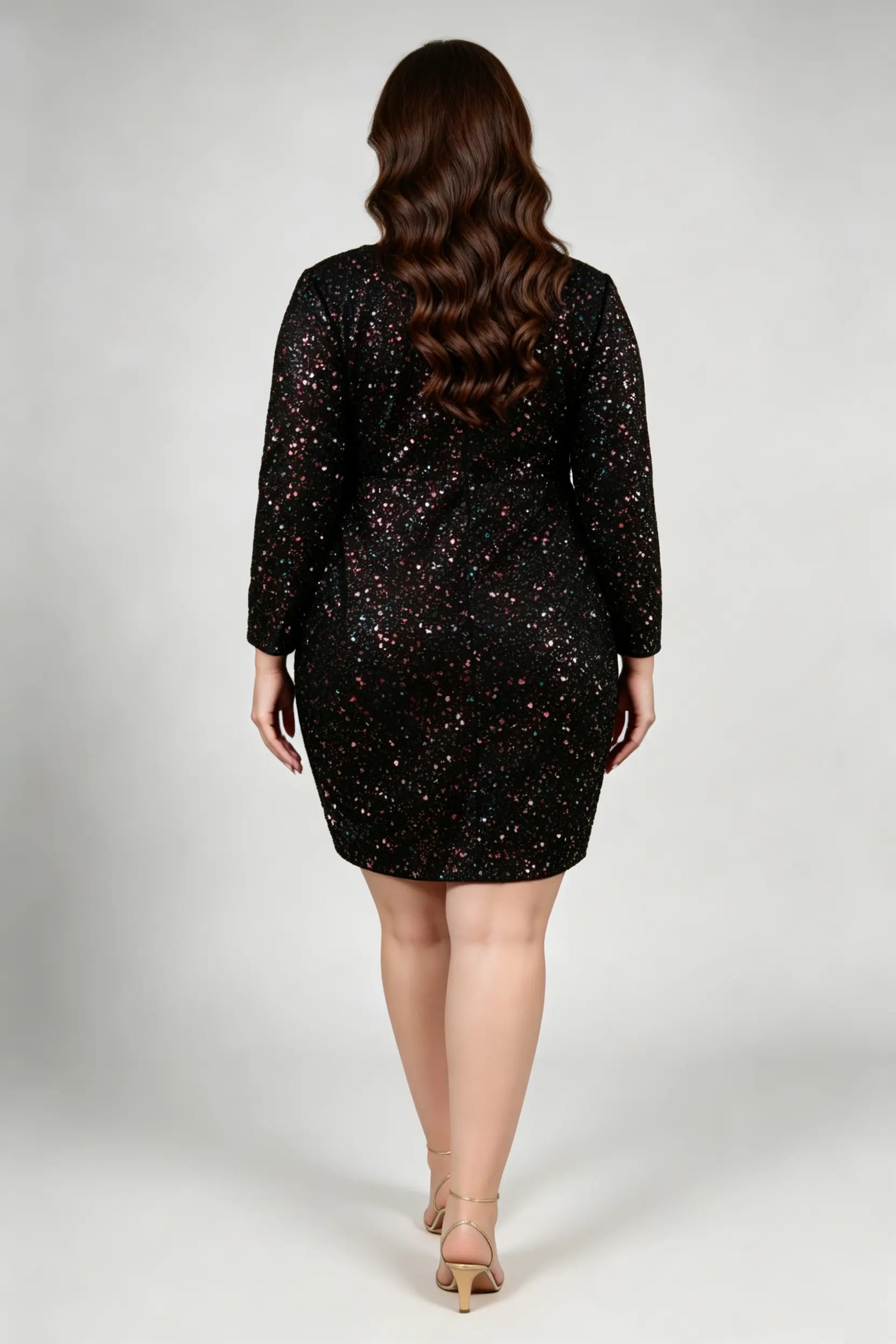 Rainbow Sequin Wrap-Front Cocktail Dress - Plus Size Long Sleeve Party Dress